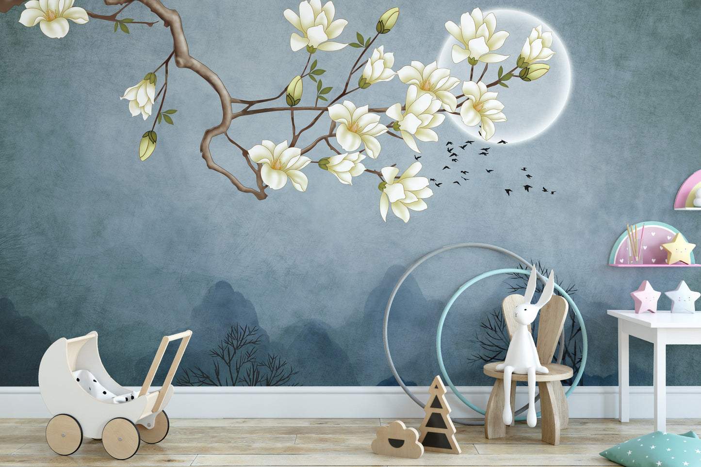 Blue Moon & White Flower Wallpaper Murals - Giffywalls