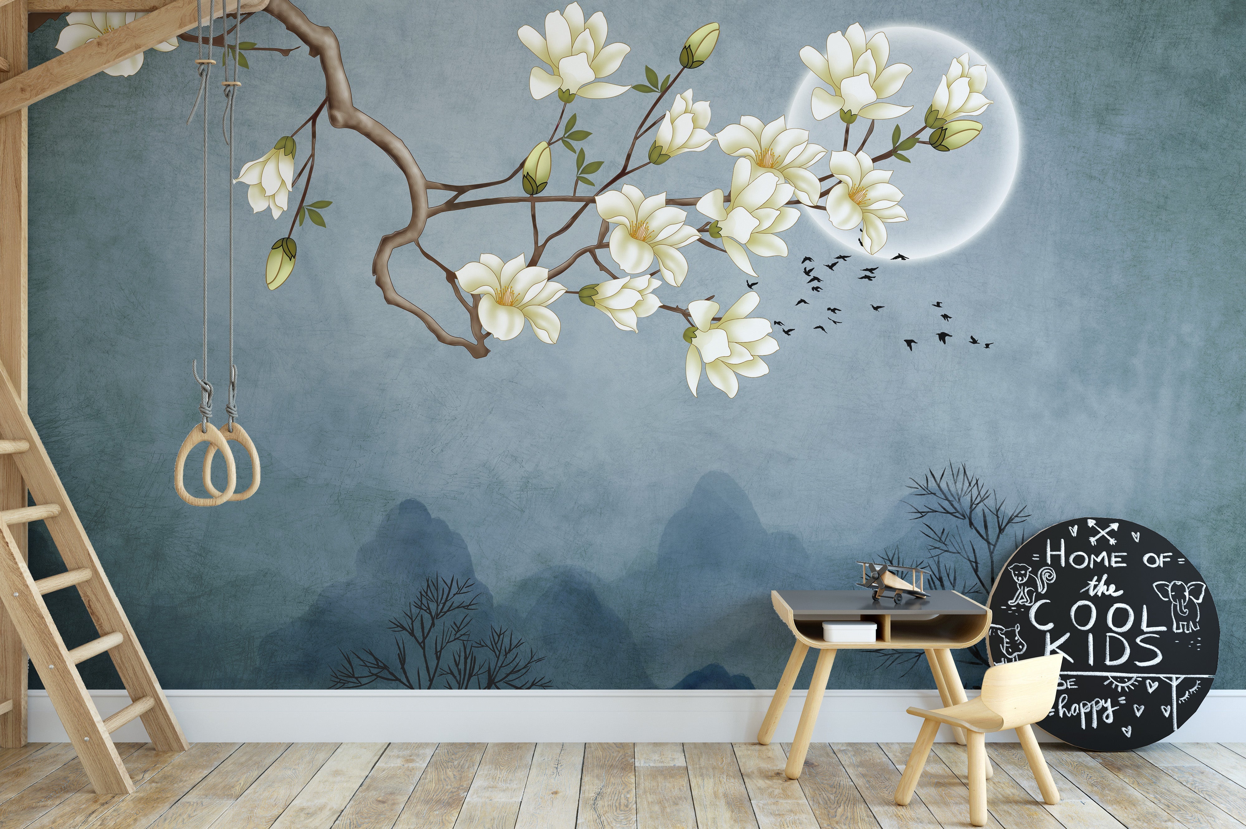 Self-adhesive blue moon mural