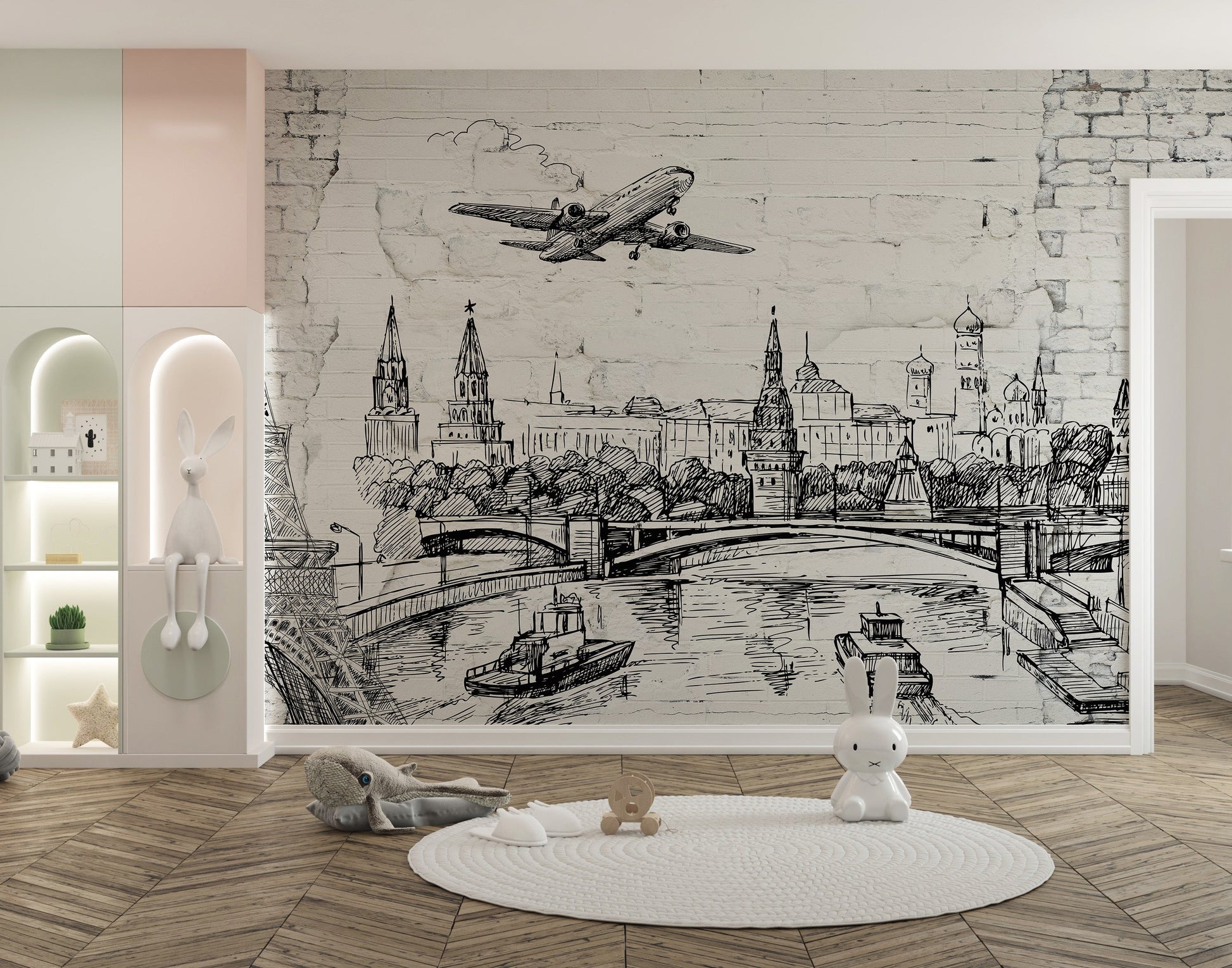 World Landmarks on Old Brick wallpaper mural