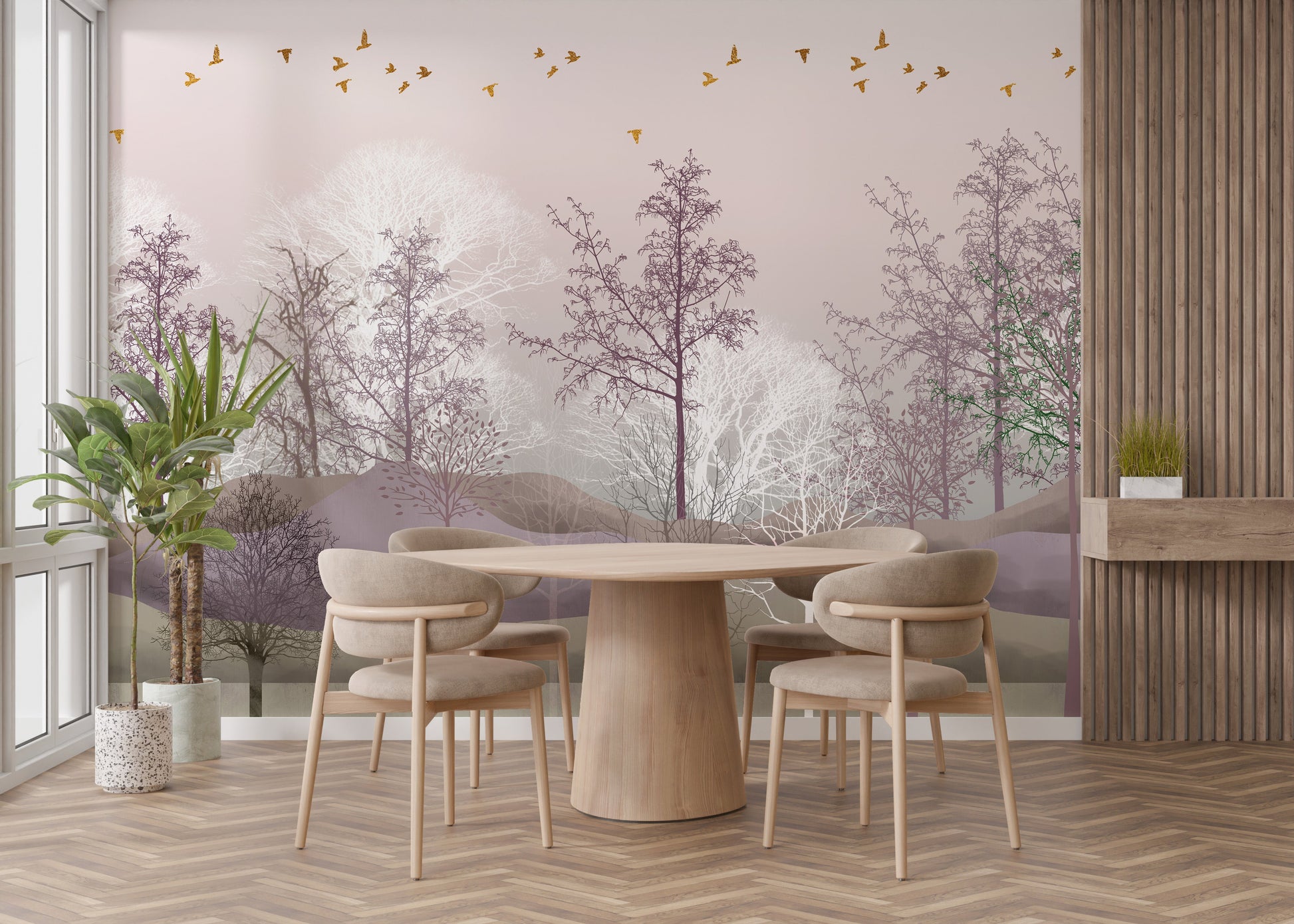 Twilight forest with eerie trees decor
