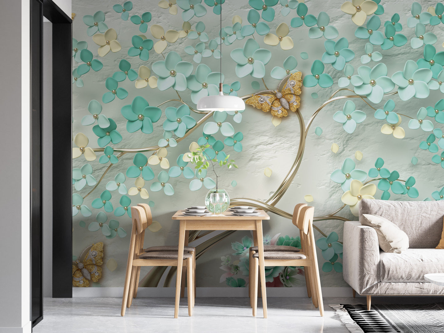 Green Flowers Golden Butterfly Wallpaper Murals - Giffywalls