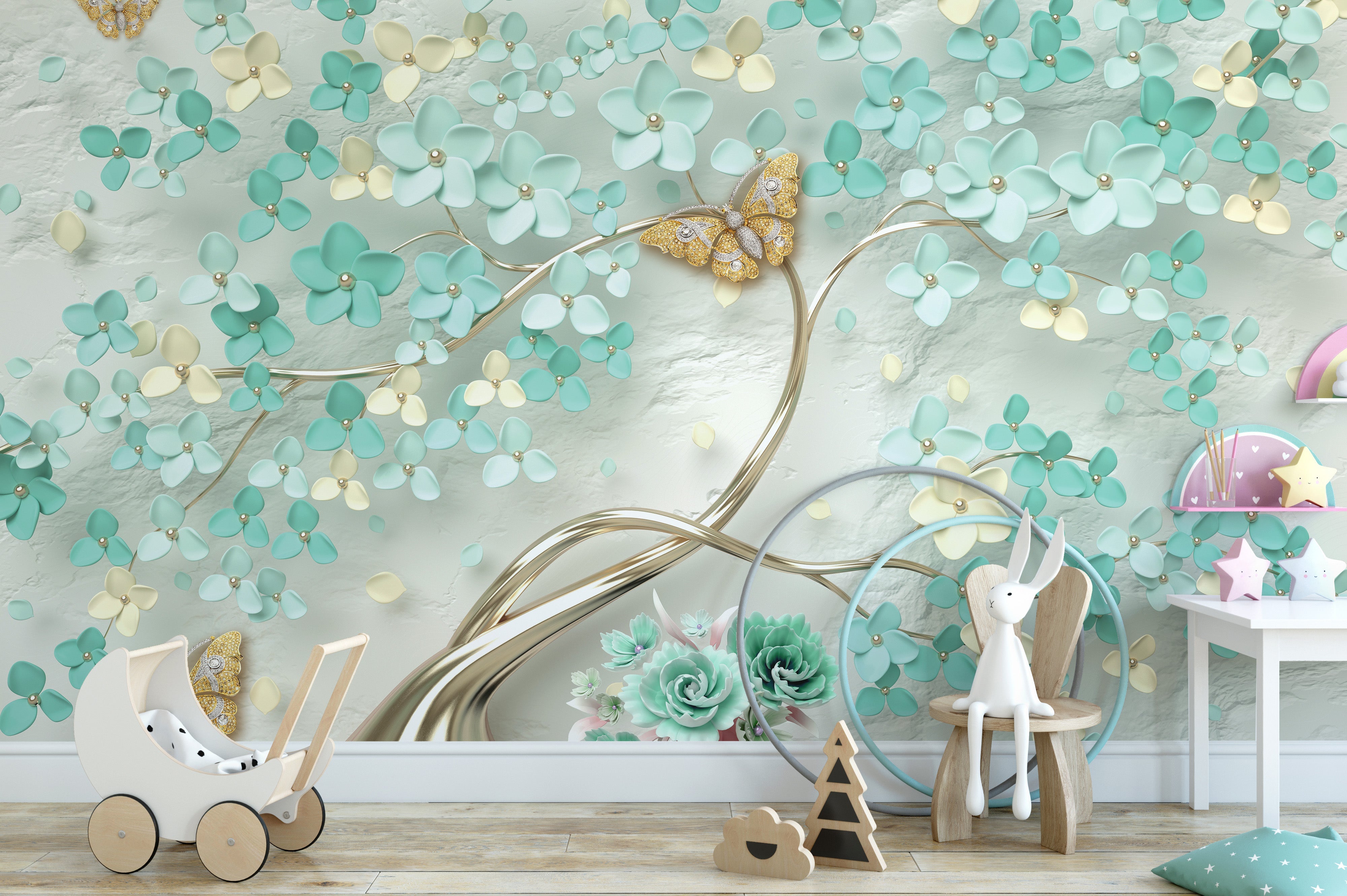 Green Flowers Golden Butterfly Wallpaper Murals - Giffywalls