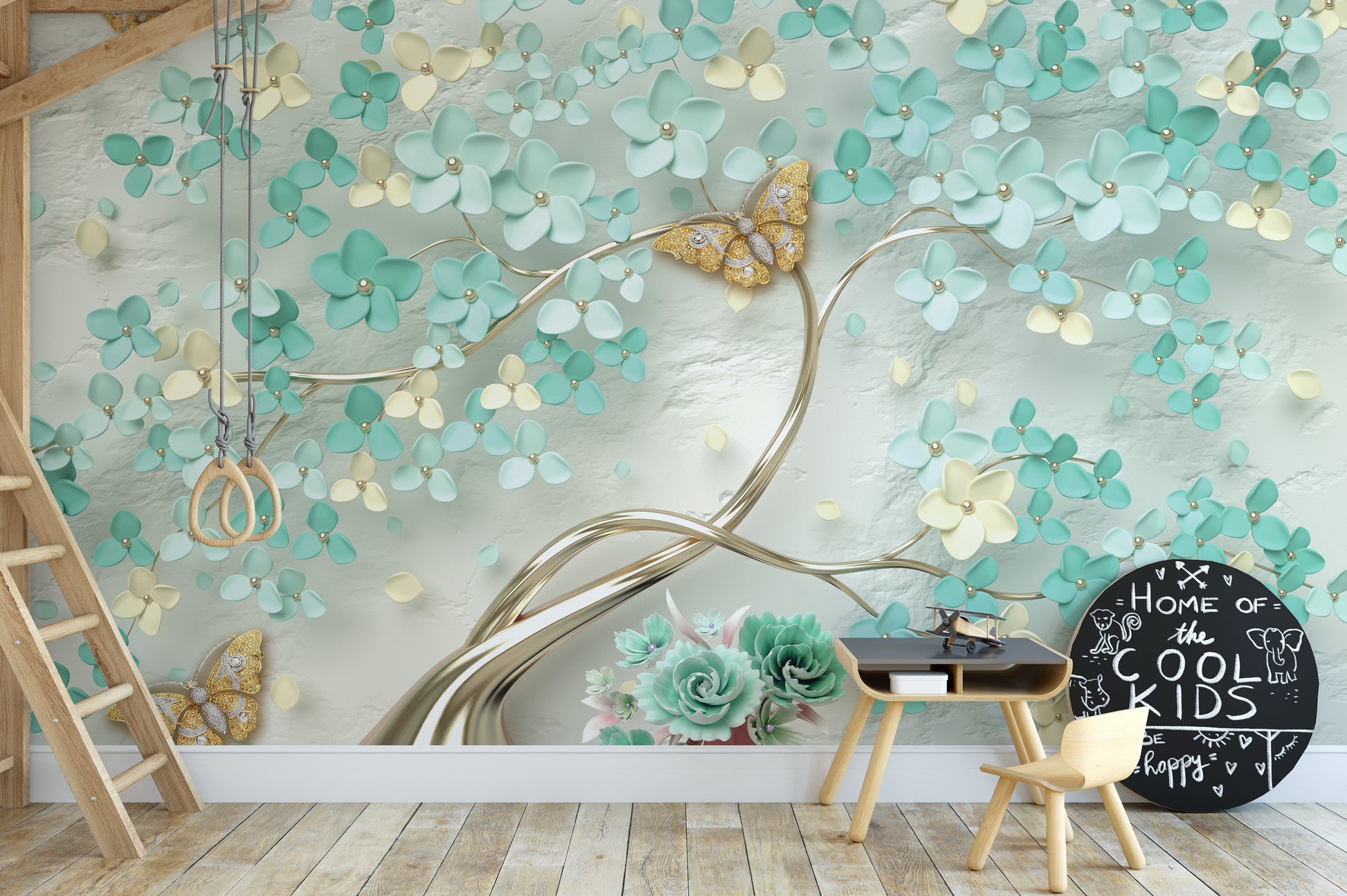 Green Flowers Golden Butterfly Wallpaper Murals - Giffywalls