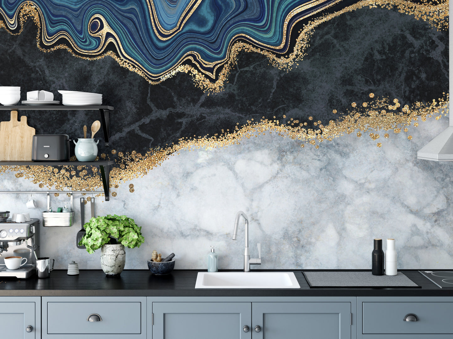 Blue Agate Golden Veins Marble Wallpaper Murals - Giffywalls