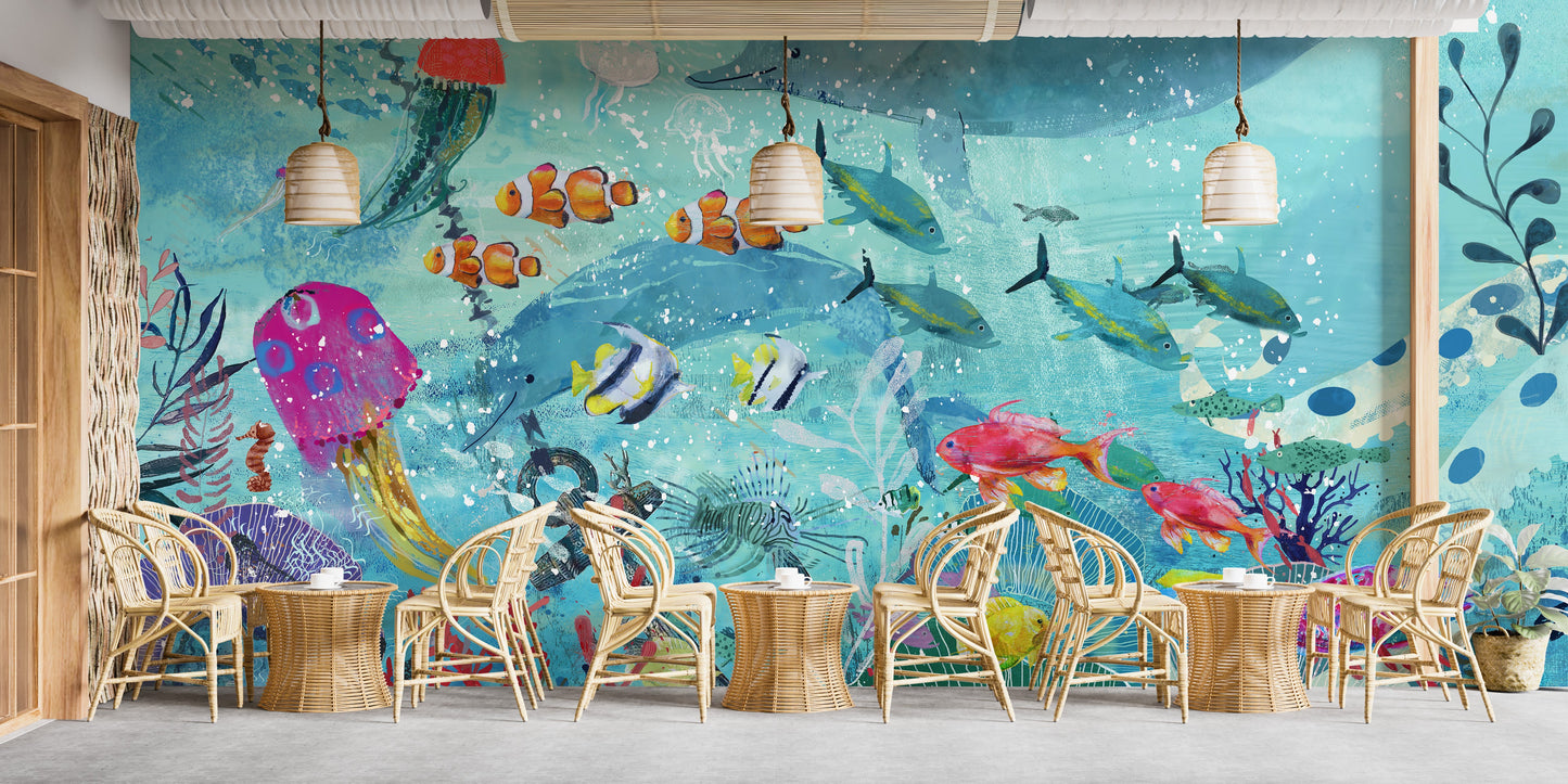 Watercolor Blue Underwater Fish Wallpaper Mural - Giffywalls