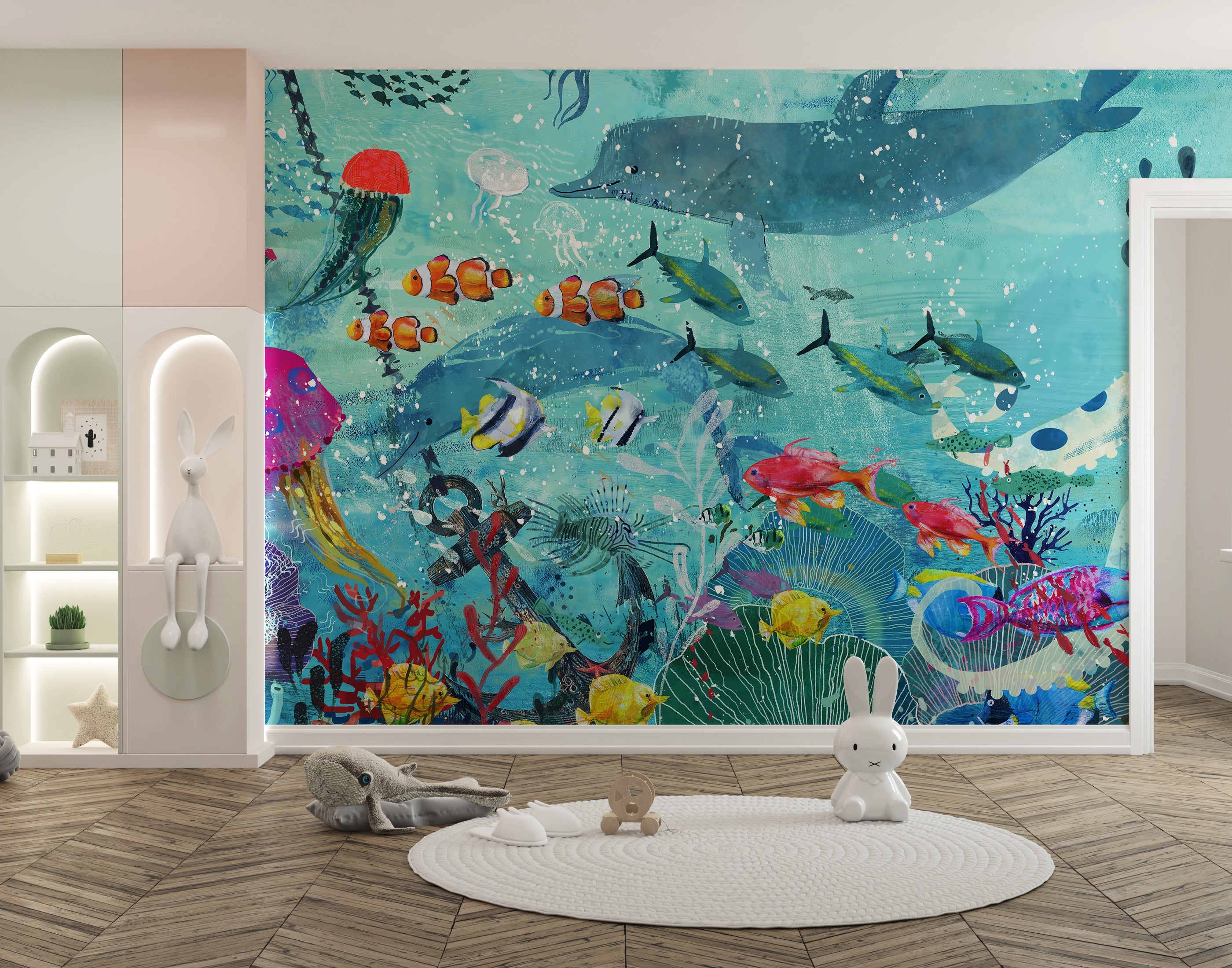 Watercolor Blue Underwater Fish Wallpaper Mural - Giffywalls