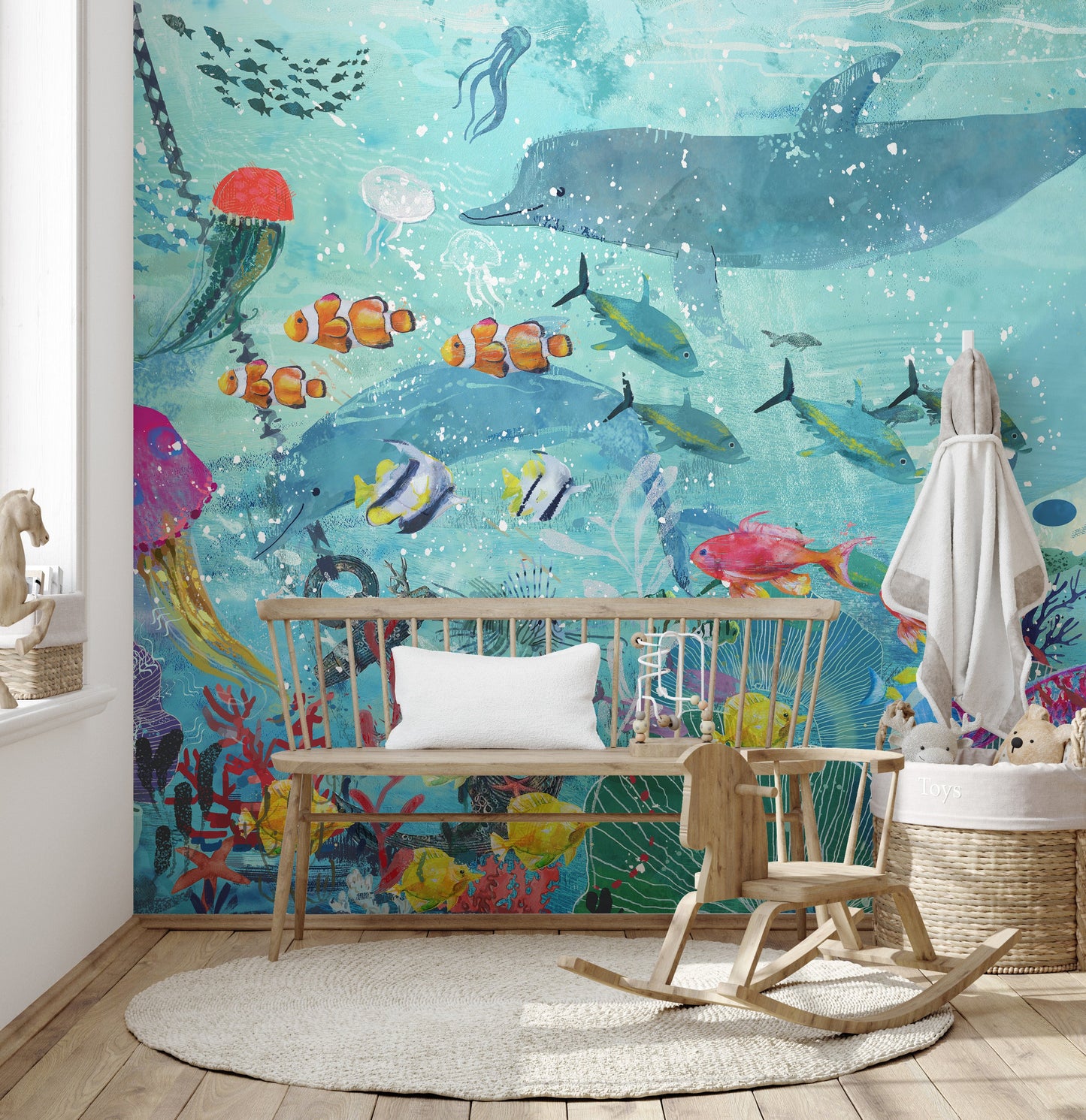 Watercolor Blue Underwater Fish Wallpaper Mural - Giffywalls