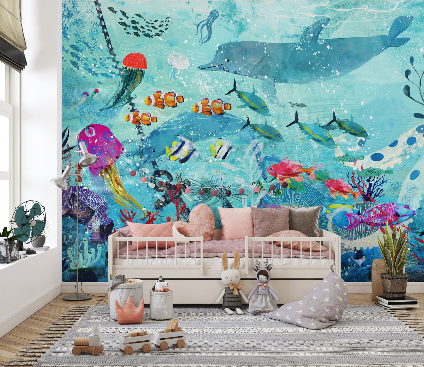 Watercolor Blue Underwater Fish Wallpaper Mural - Giffywalls