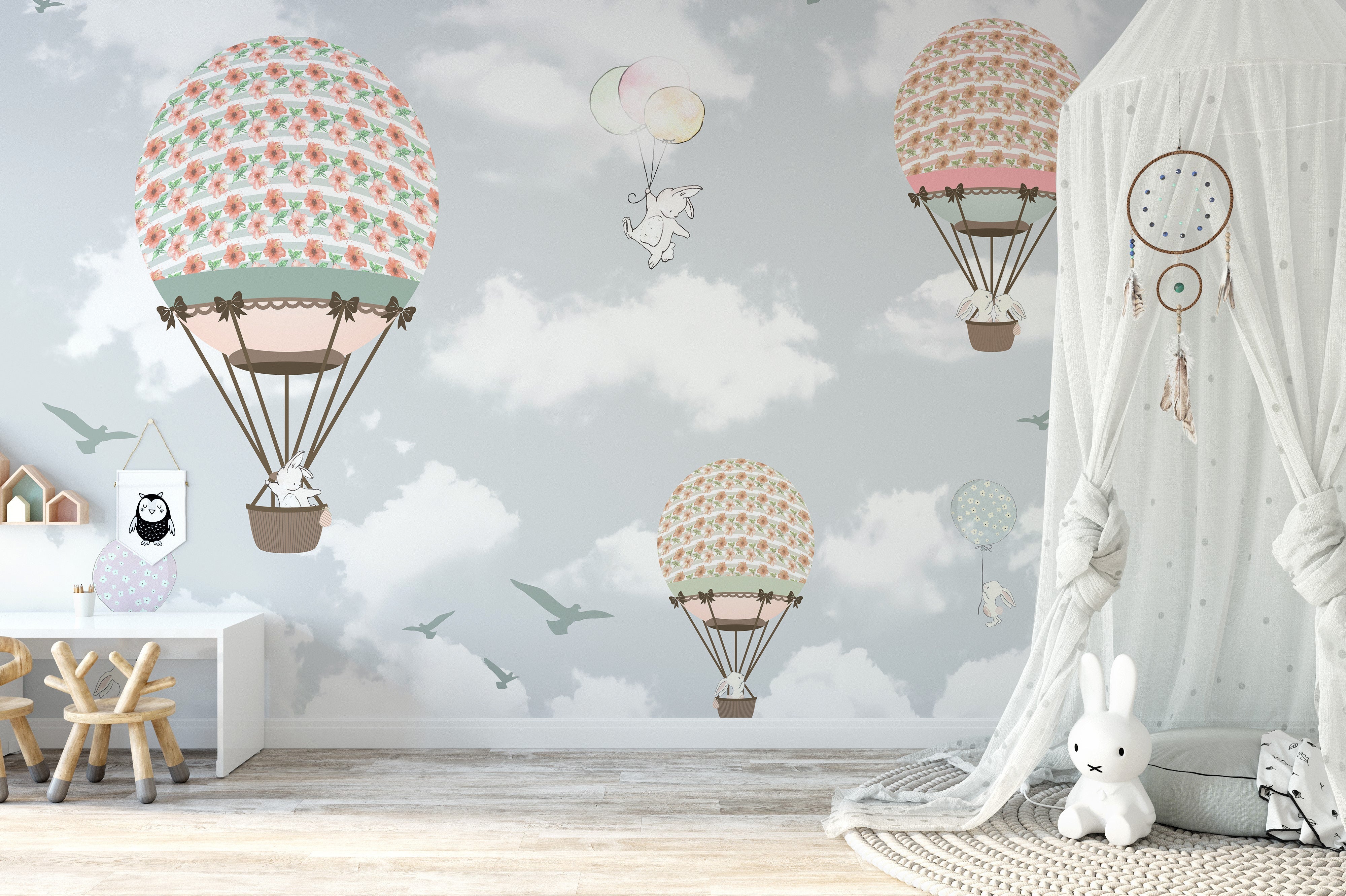 Animals on Balloons in the Sky Wallpaper Mural