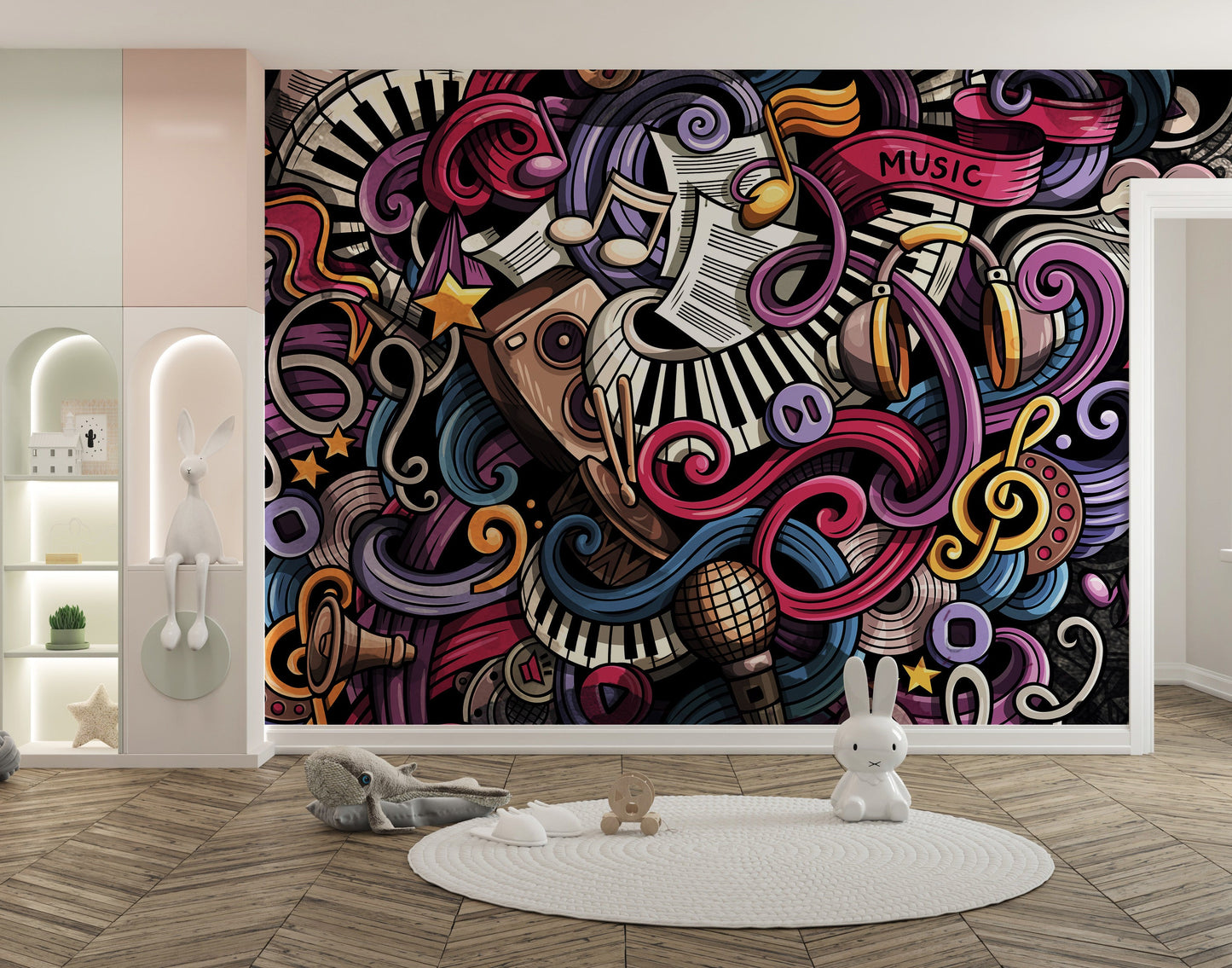 Music-inspired doodle art wall mural