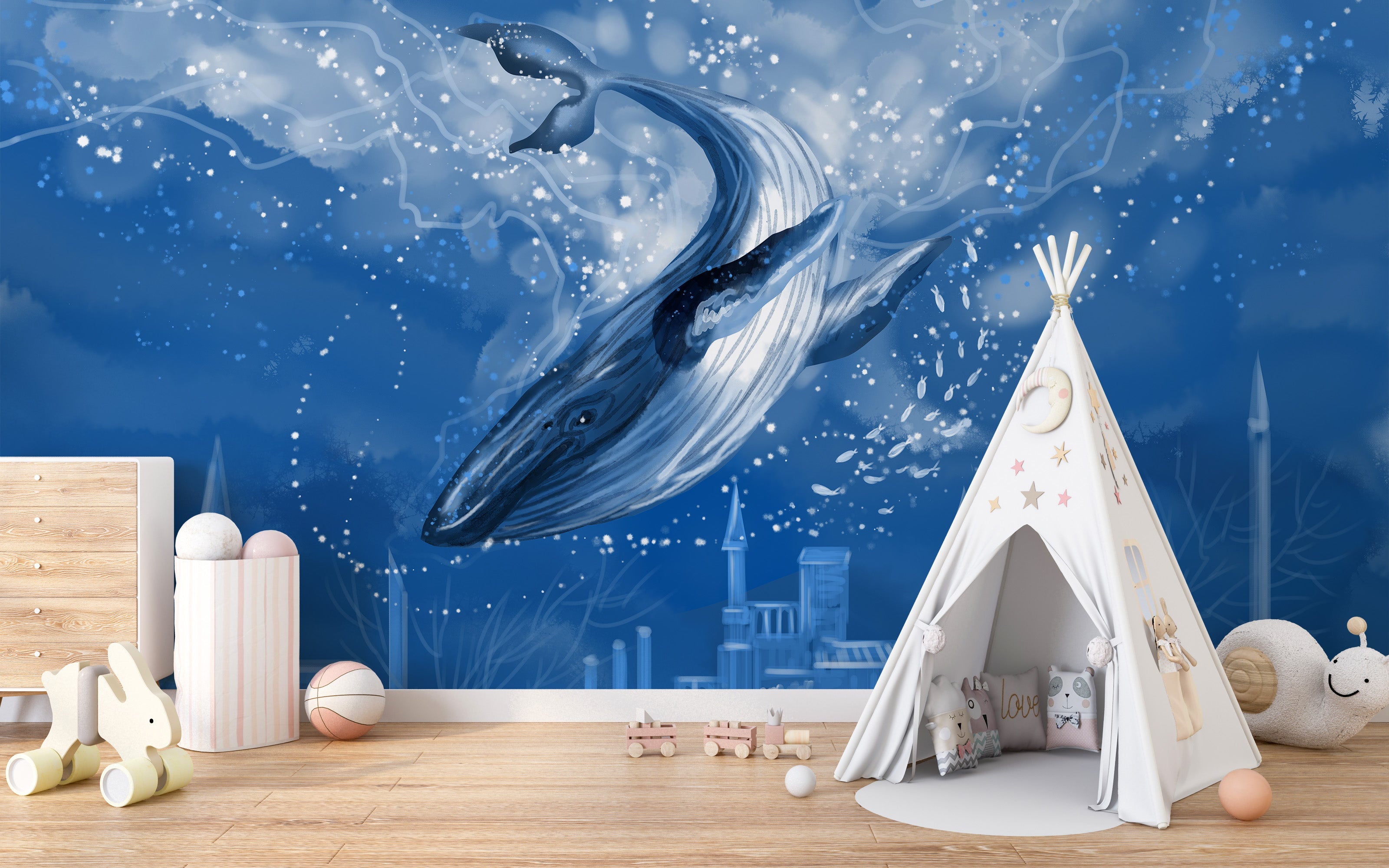 Blue whale ocean wallpaper mural design