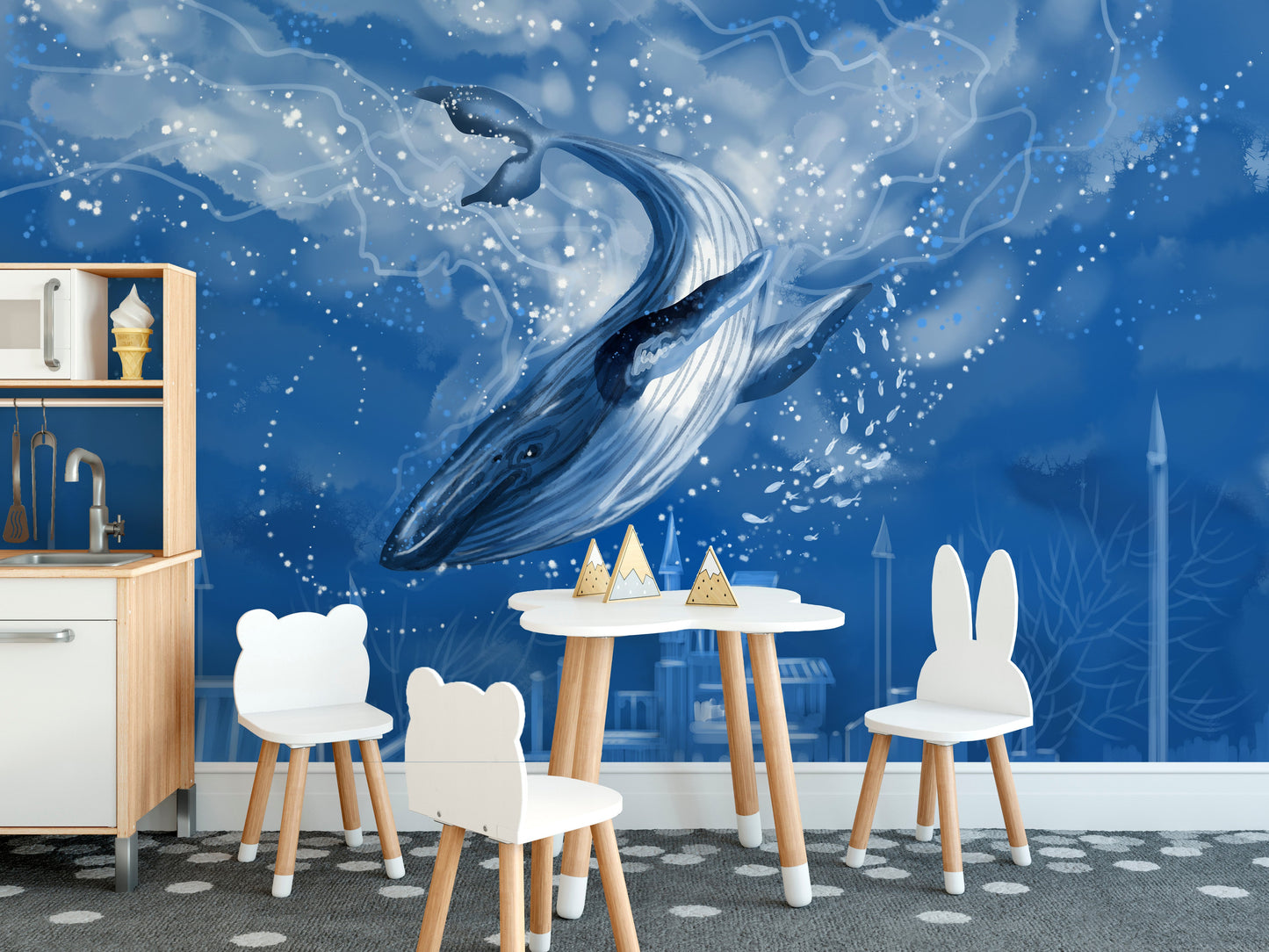 Ocean life mural featuring blue whale