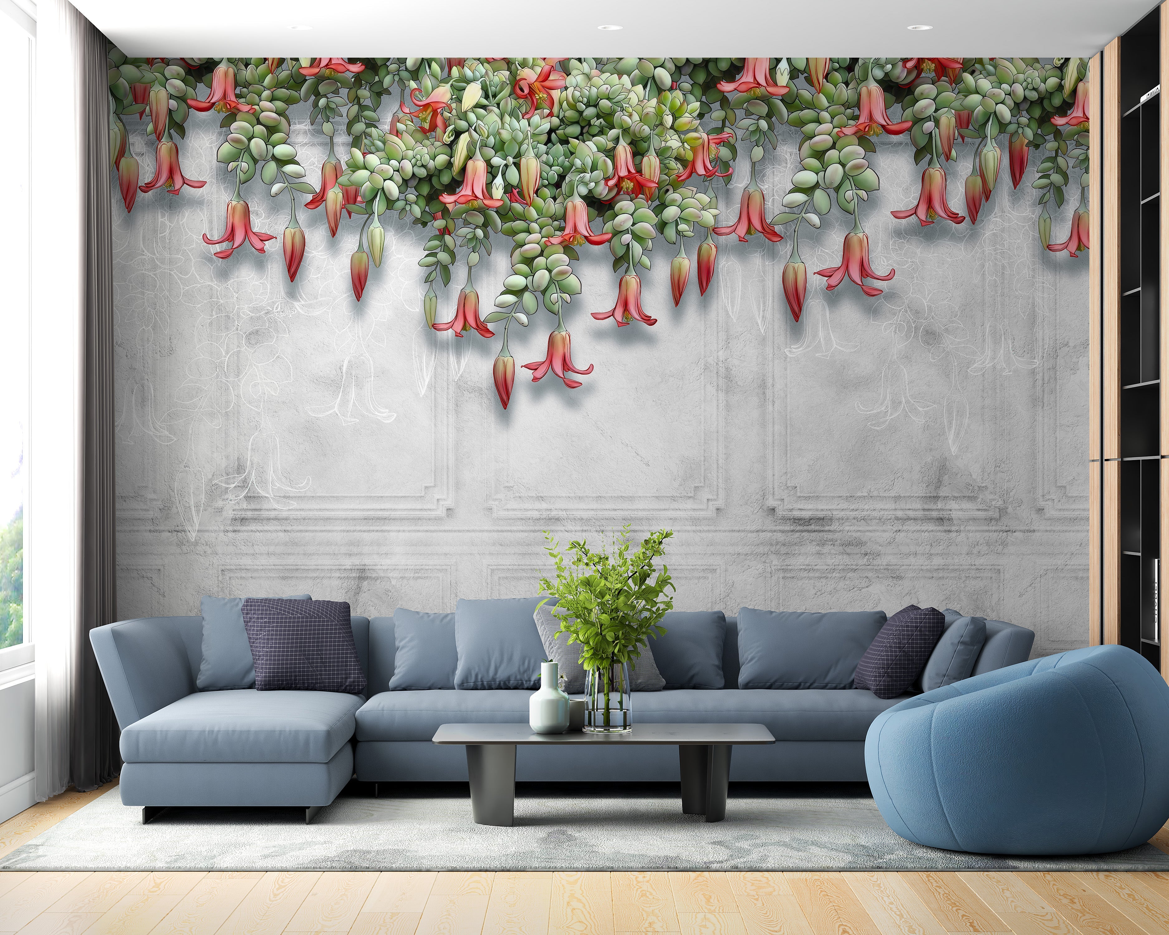 Hanging Exotic Flowers Concrete Gray Wall Murals - Giffywalls