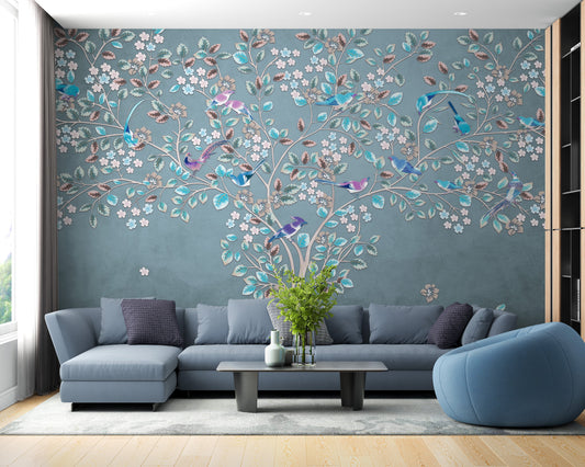 Blue and green leaves mural
