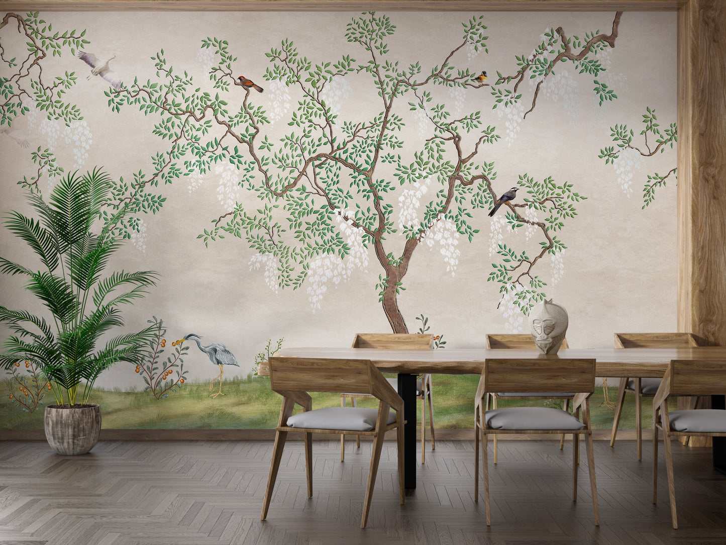 Japanese garden wallpaper mural with birds