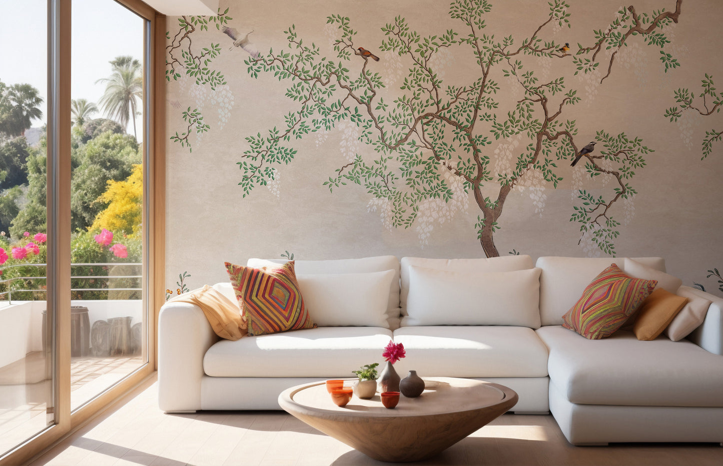 Japanese garden scene with birds wall mural