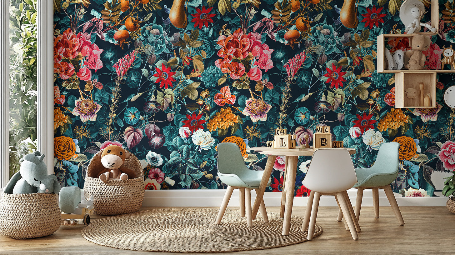 Dark floral and leaves pattern wallpaper design