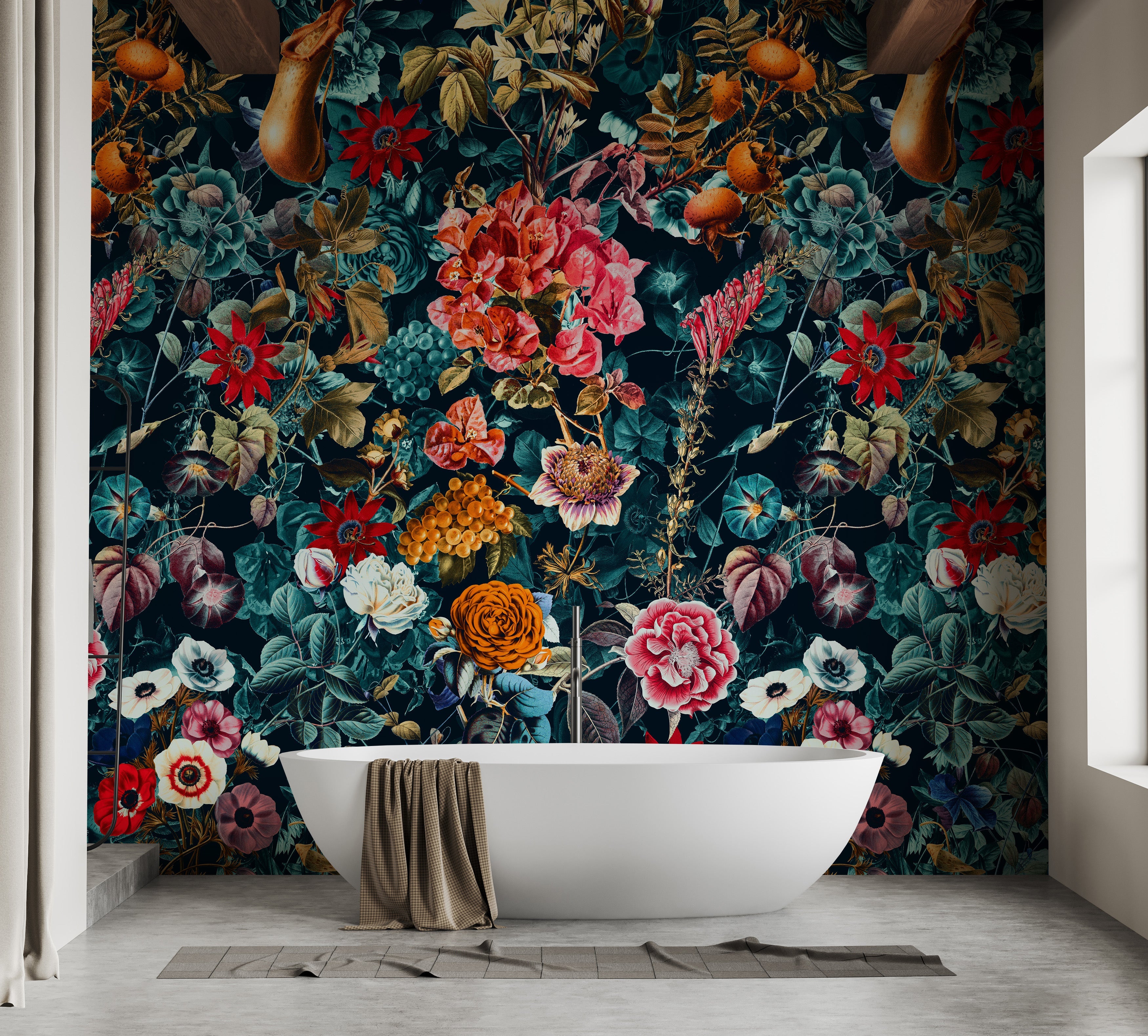 Wallpaper with intricate dark flower and leaf patterns