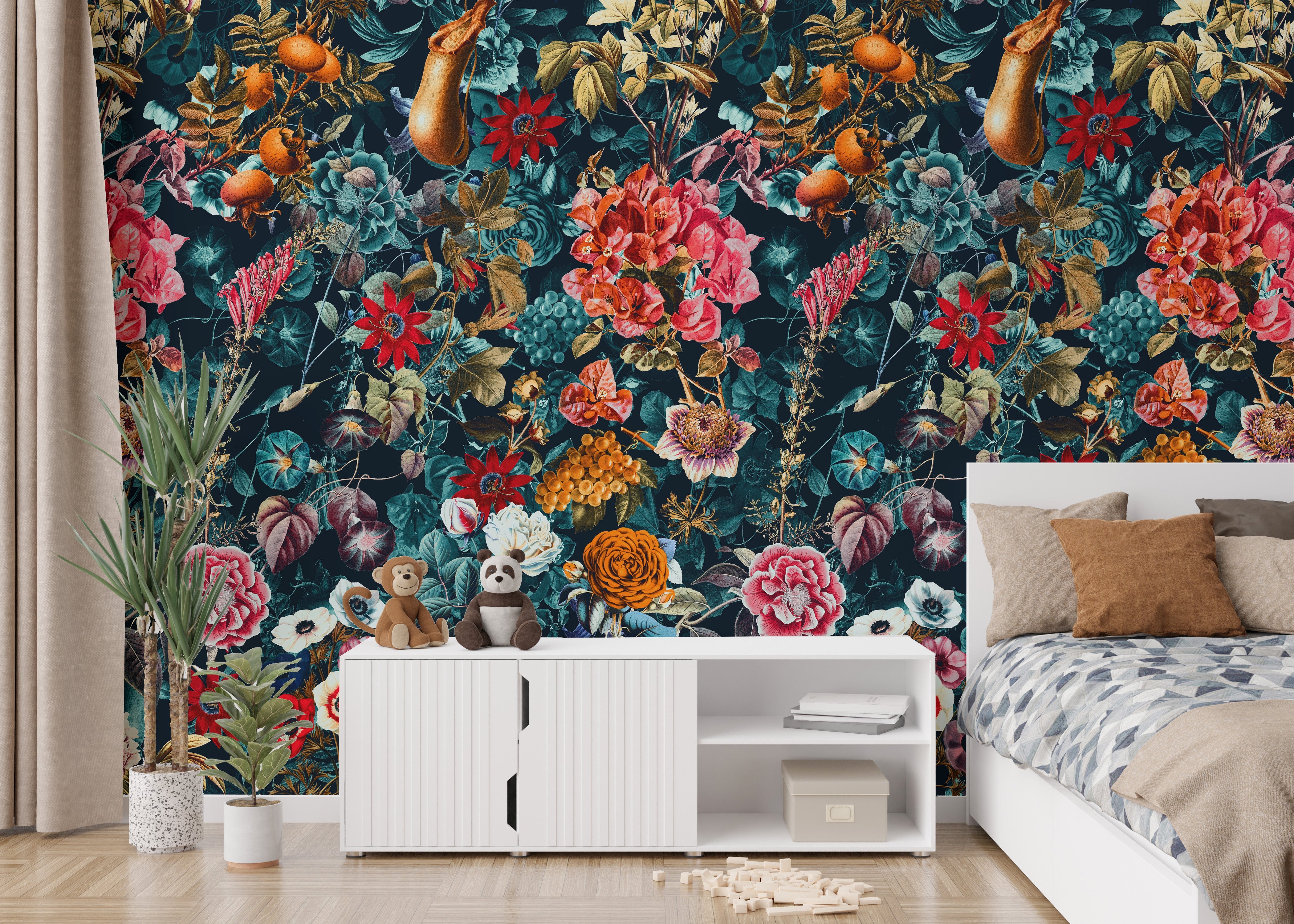 Patterned wallpaper featuring dark flowers and leaves