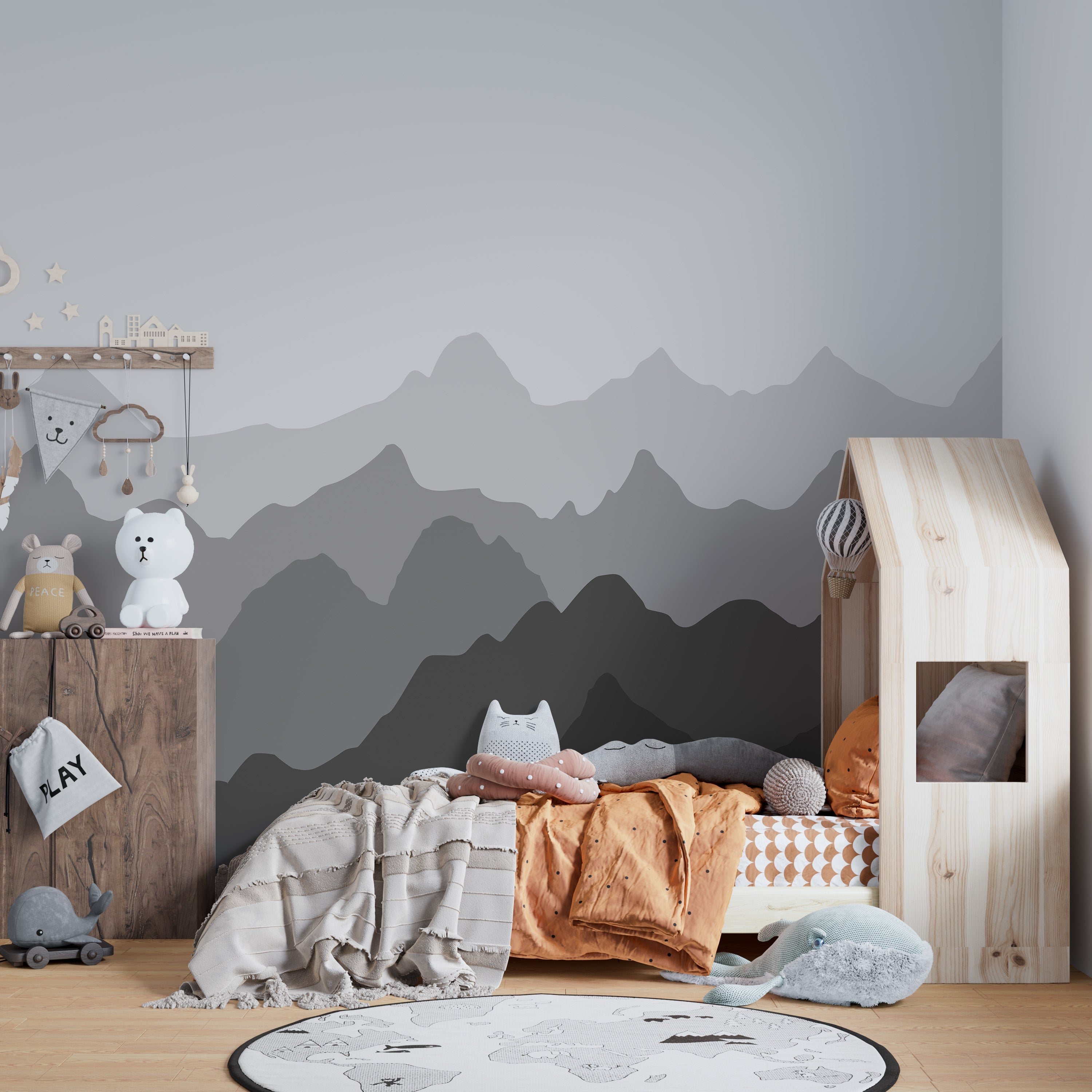 Mountain wallpaper mural with grey silhouettes