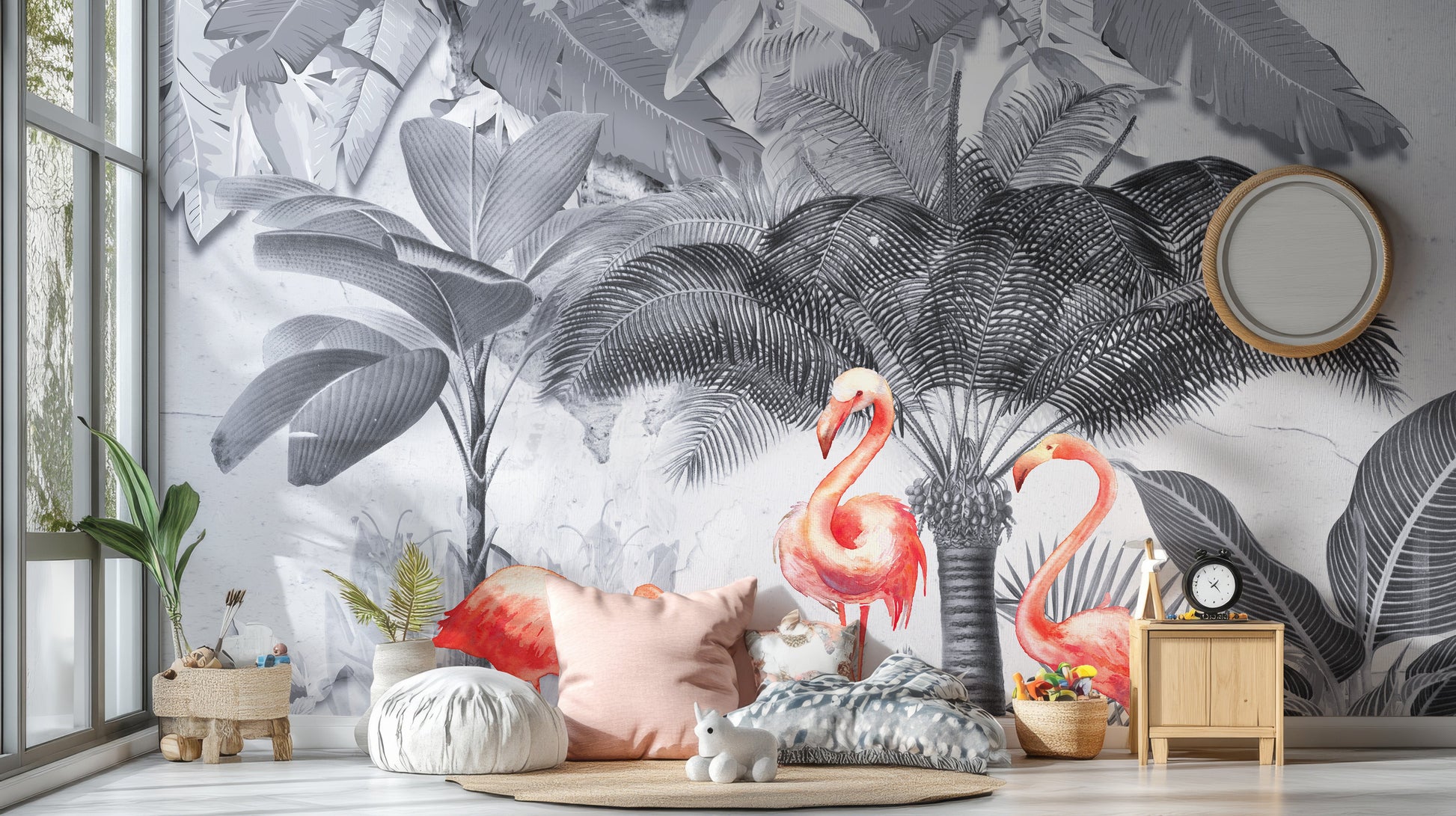 Monochrome Forest Pink Flamingo Wallpaper Murals - Giffywalls