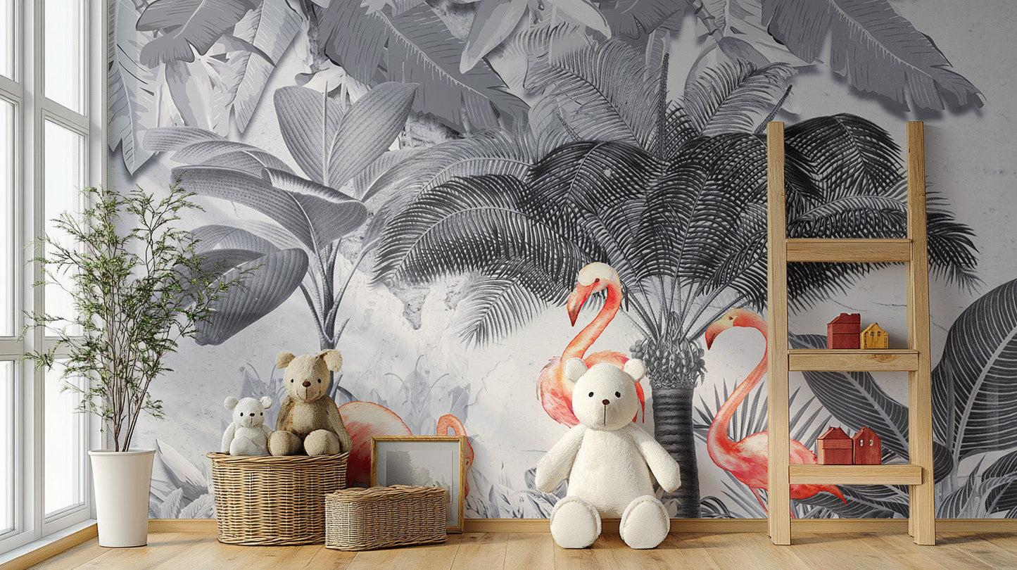 Monochrome Forest Pink Flamingo Wallpaper Murals - Giffywalls