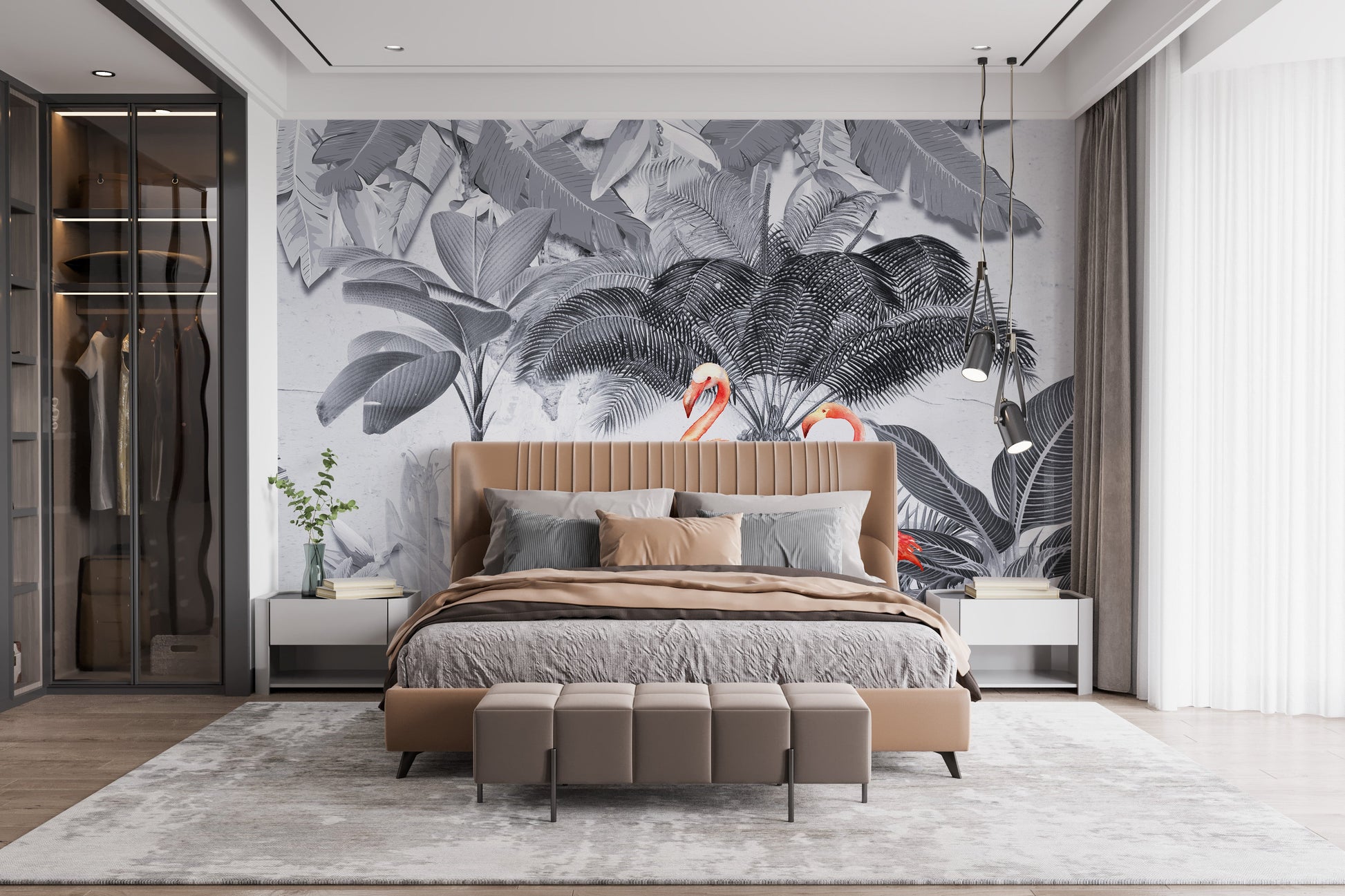 Monochrome Forest Pink Flamingo Wallpaper Murals - Giffywalls