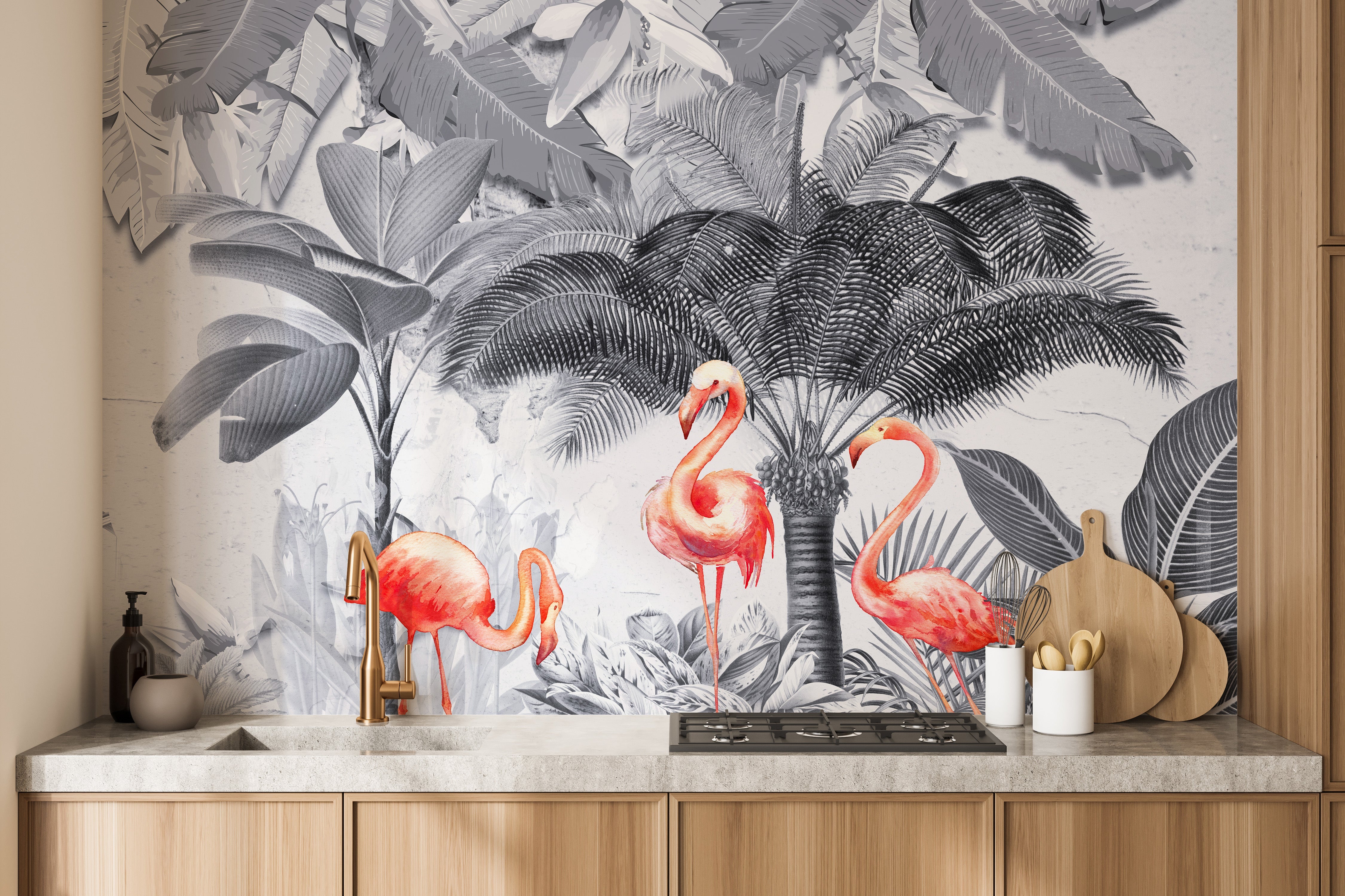 Monochrome Forest Pink Flamingo Wallpaper Murals - Giffywalls