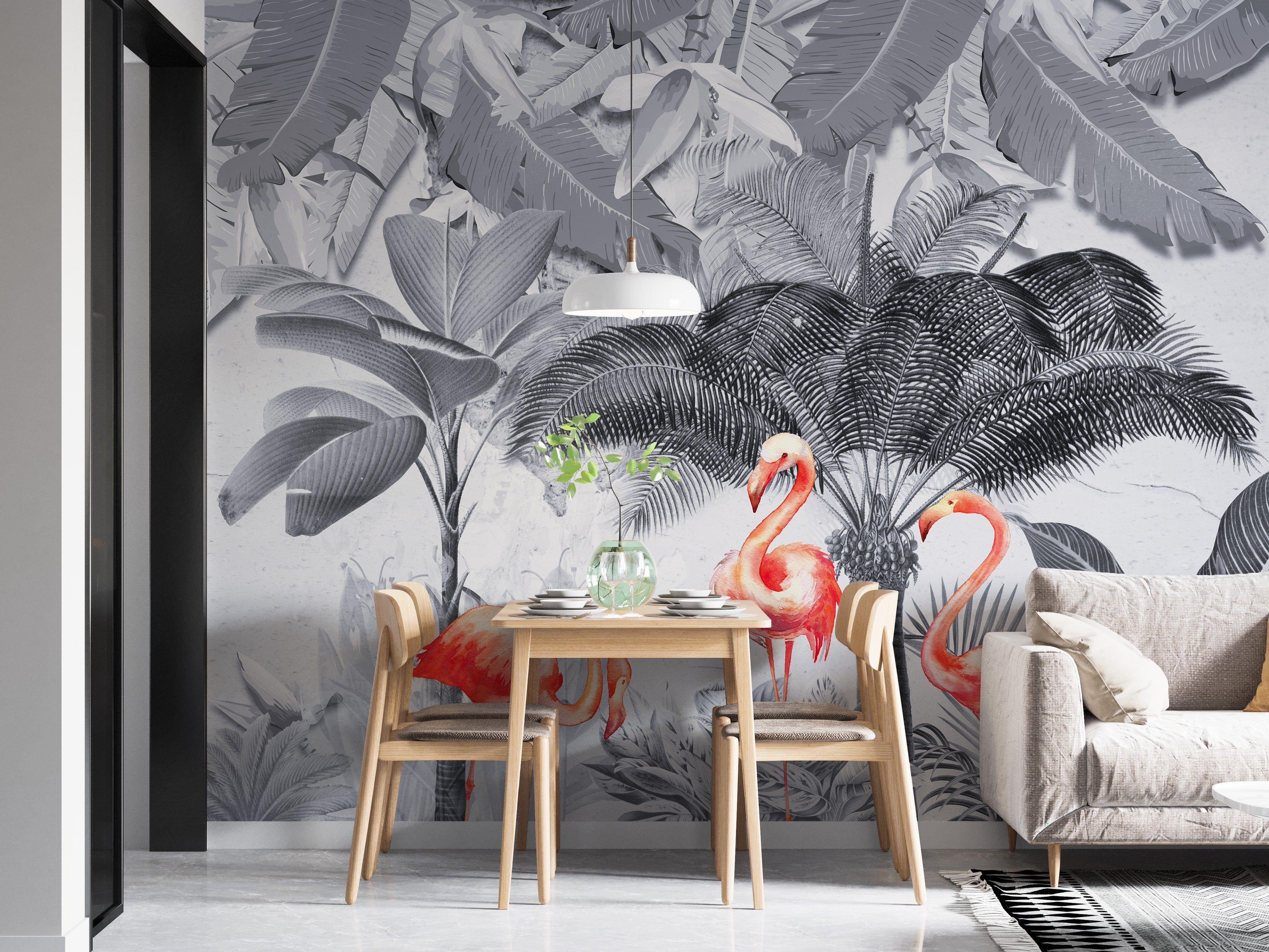 Monochrome Forest Pink Flamingo Wallpaper Murals - Giffywalls