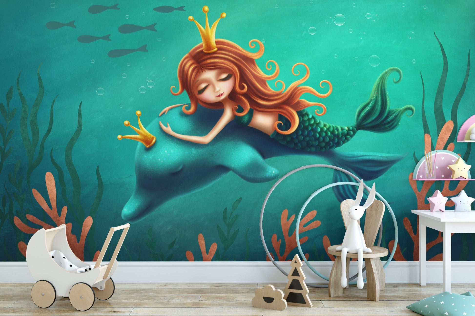 Underwater Mermaid and Dolphin Ride Removable Wallpaper Murals - Giffywalls