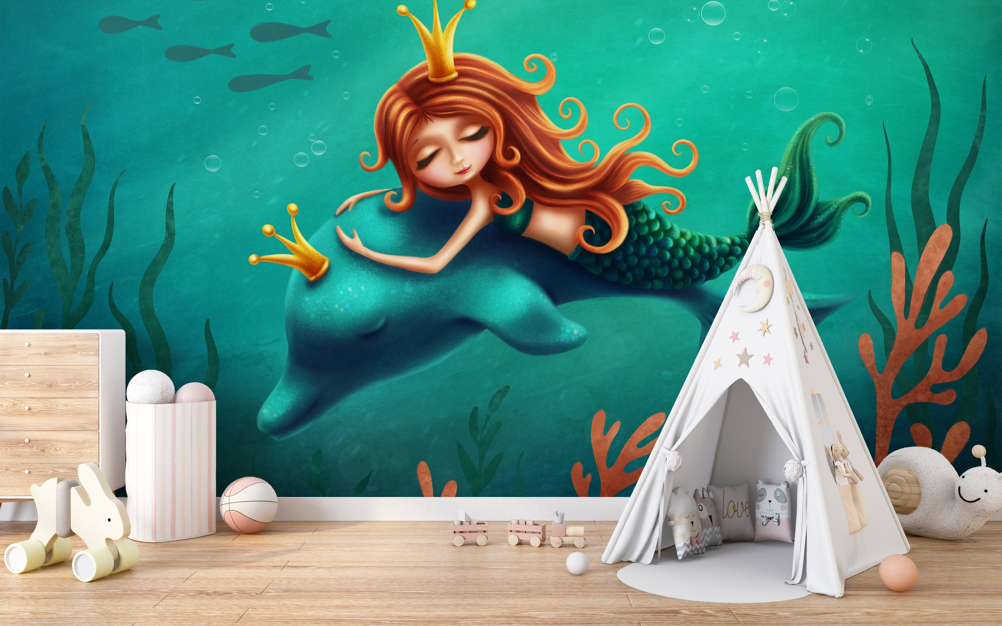 Underwater Mermaid and Dolphin Ride Removable Wallpaper Murals - Giffywalls