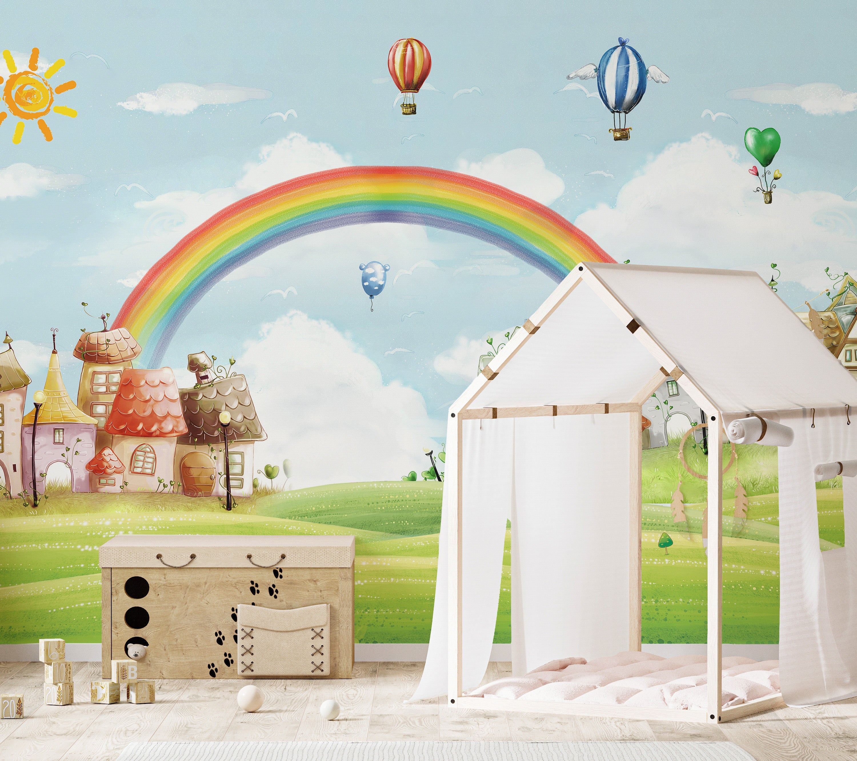 Kids City Landscape Rainbow Balloons Wallpaper Murals - Giffywalls