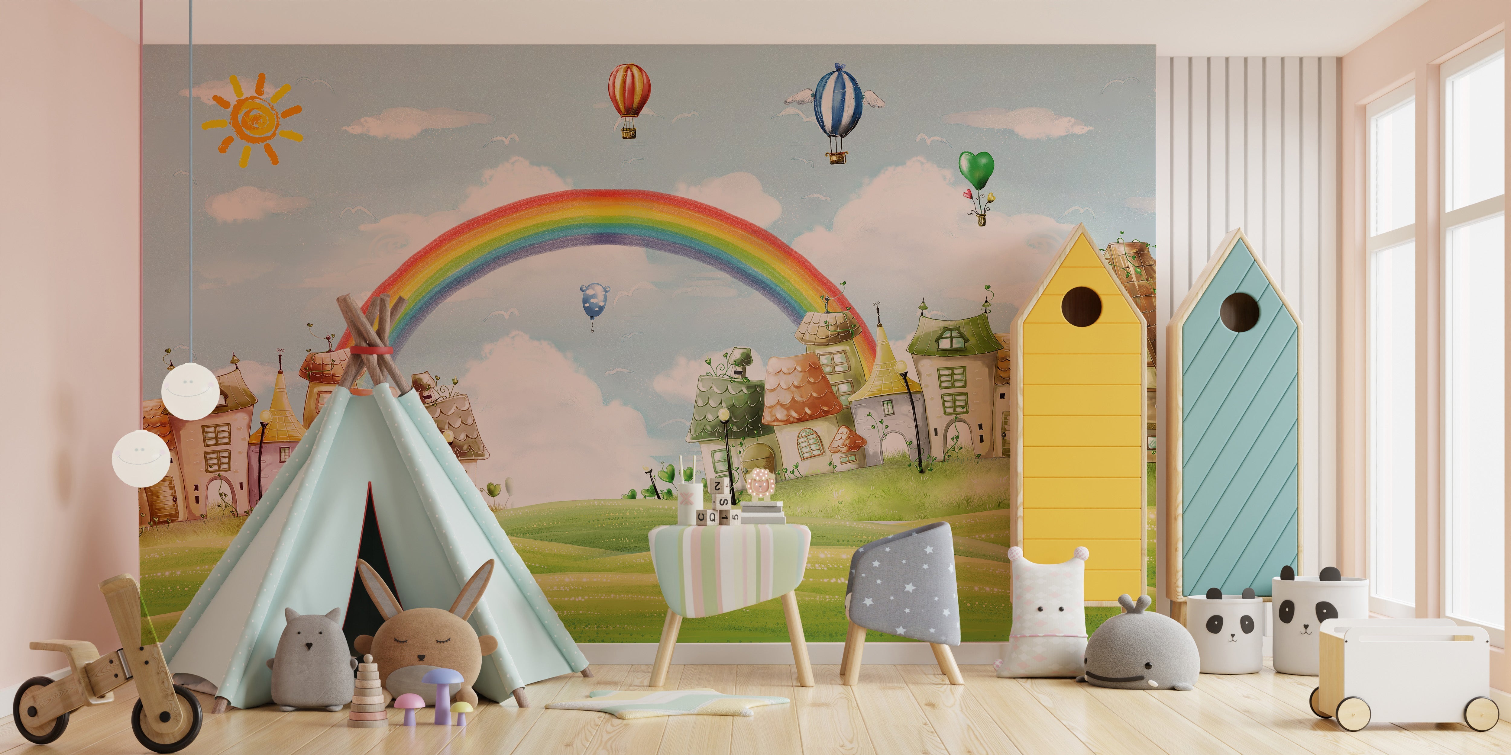 Kids City Landscape Rainbow Balloons Wallpaper Murals - Giffywalls