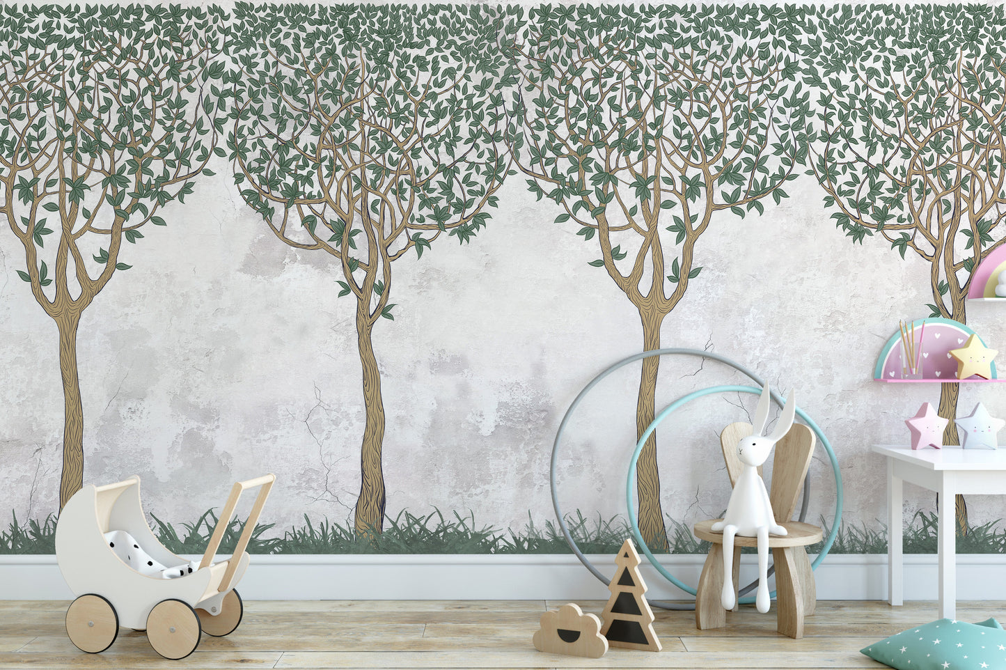 Green Painted Trees Concrete Wall Paper Murals - Giffywalls