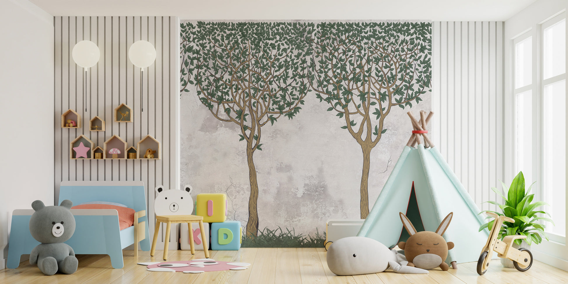 Green Painted Trees Concrete Wall Paper Murals - Giffywalls