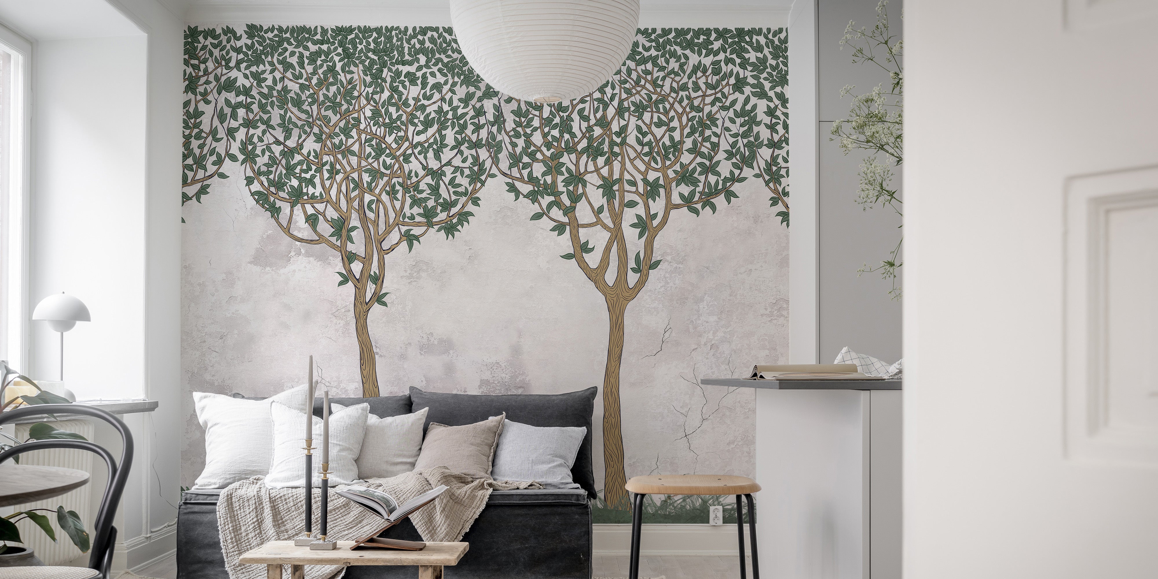 Green Painted Trees Concrete Wall Paper Murals - Giffywalls