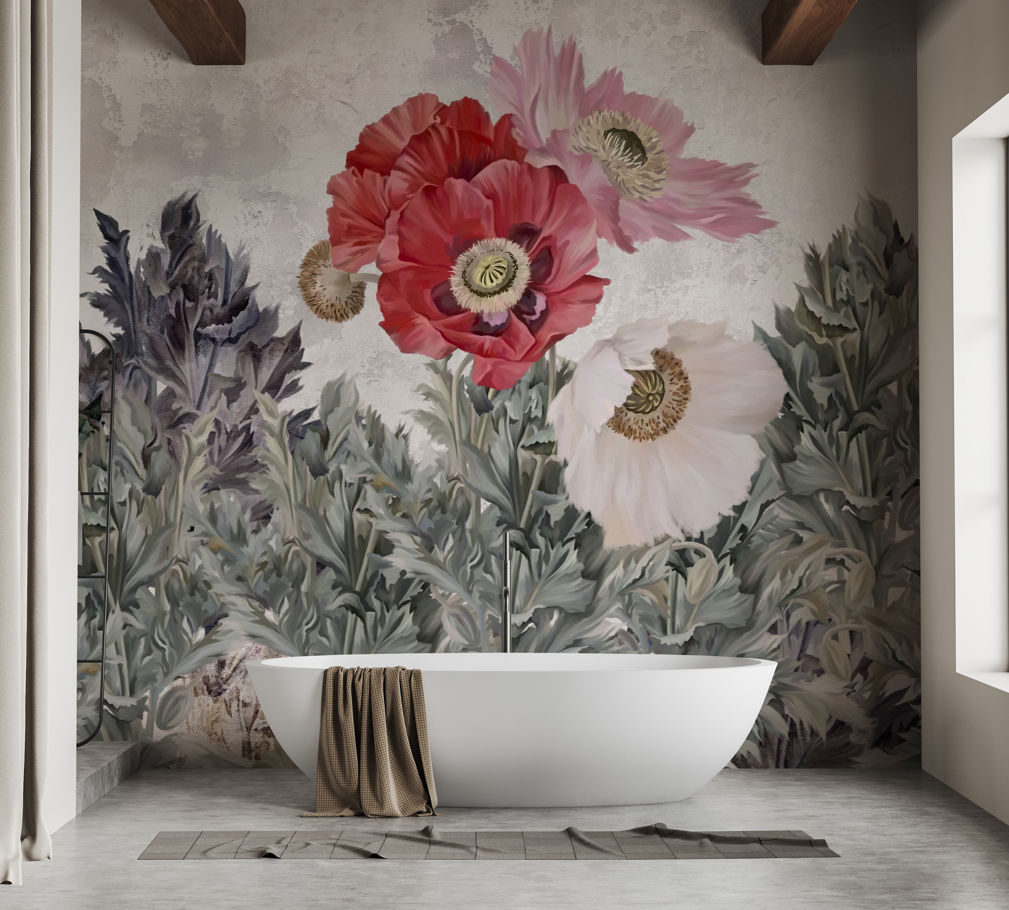 Poppies Flower Painted Grunge Wall Wallpaper - Giffywalls