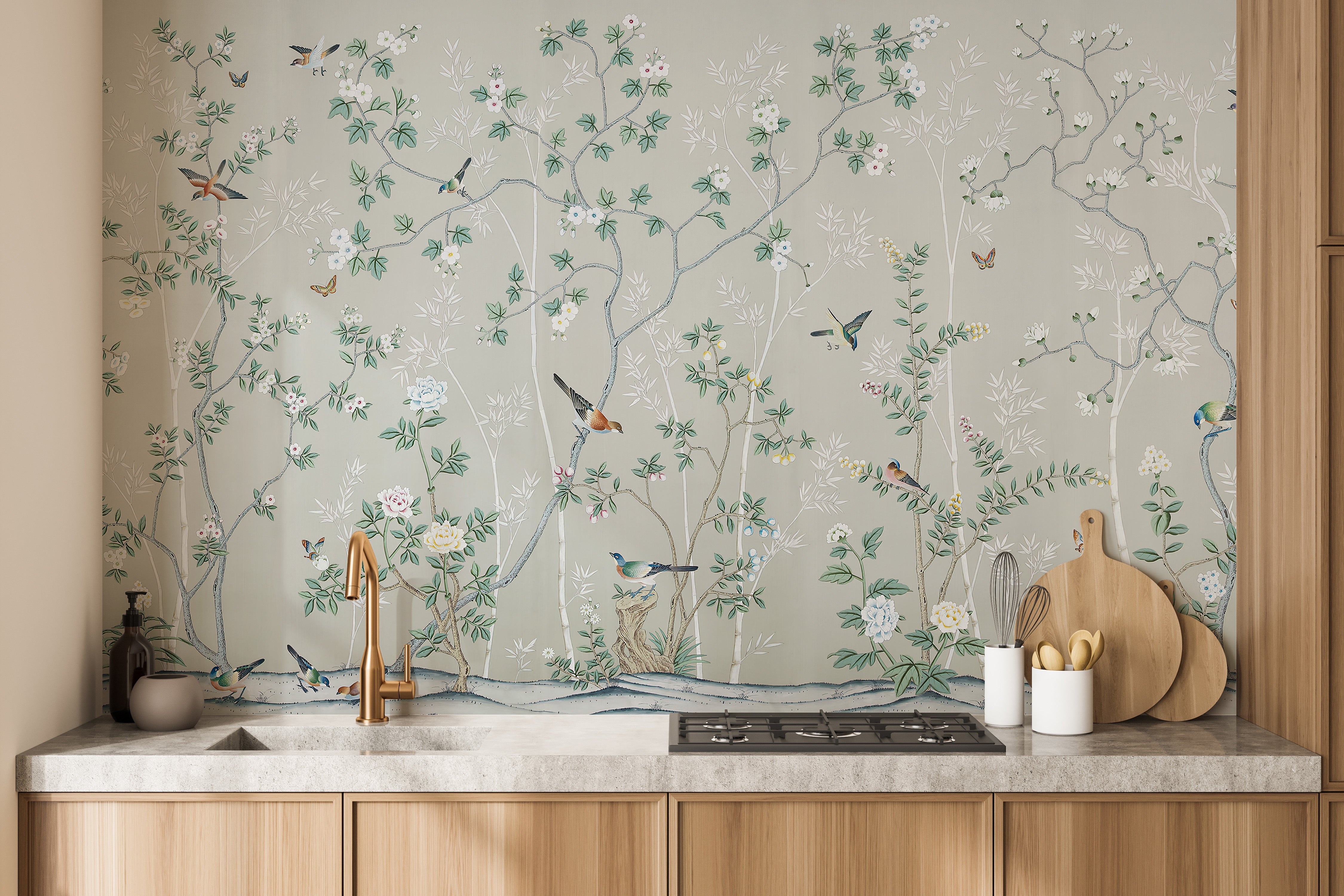 Classic gray and green Chinoiserie wall design
