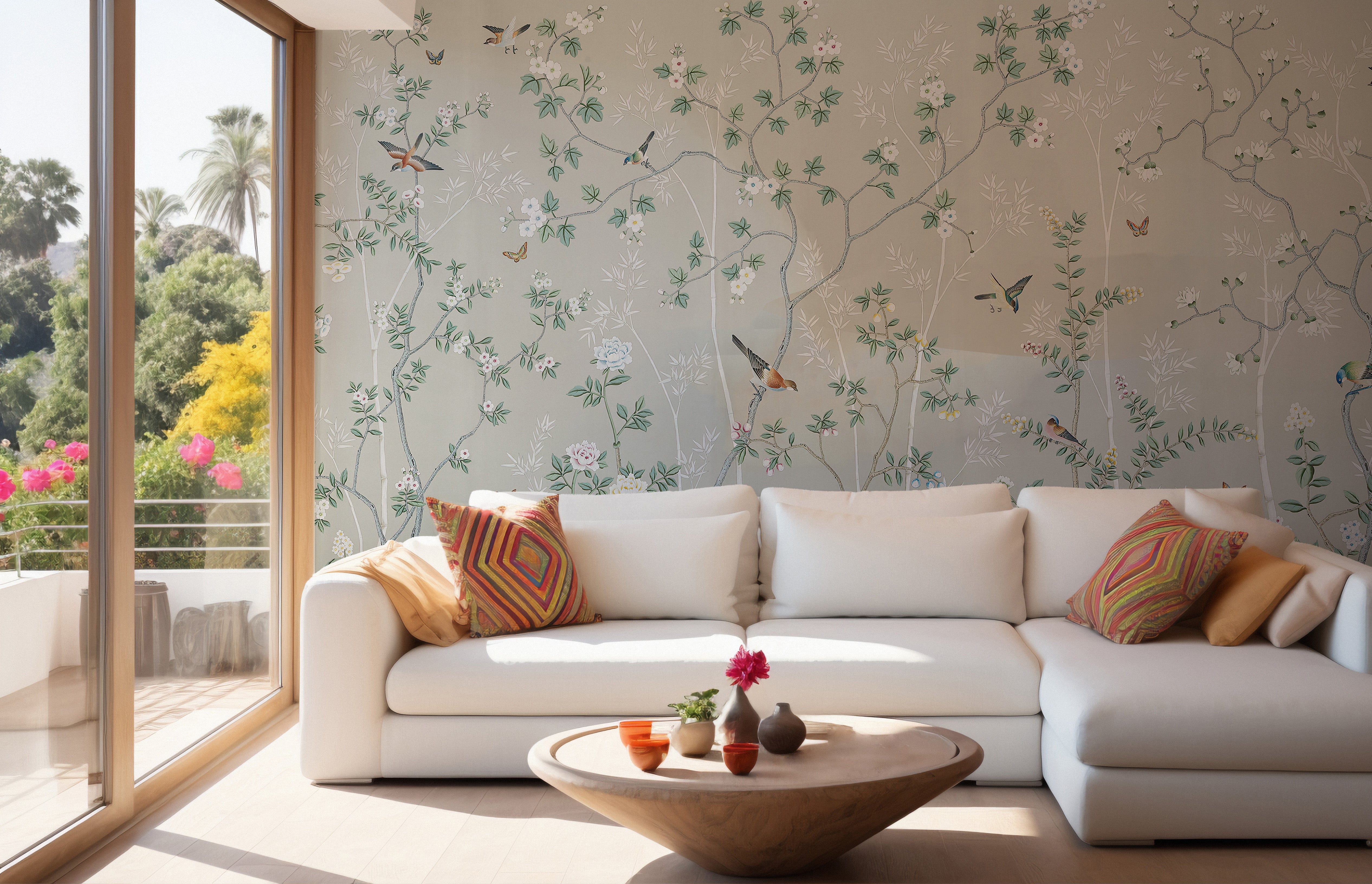 Gray & Green Leaves Chinoiserie Wallpaper - Giffywalls