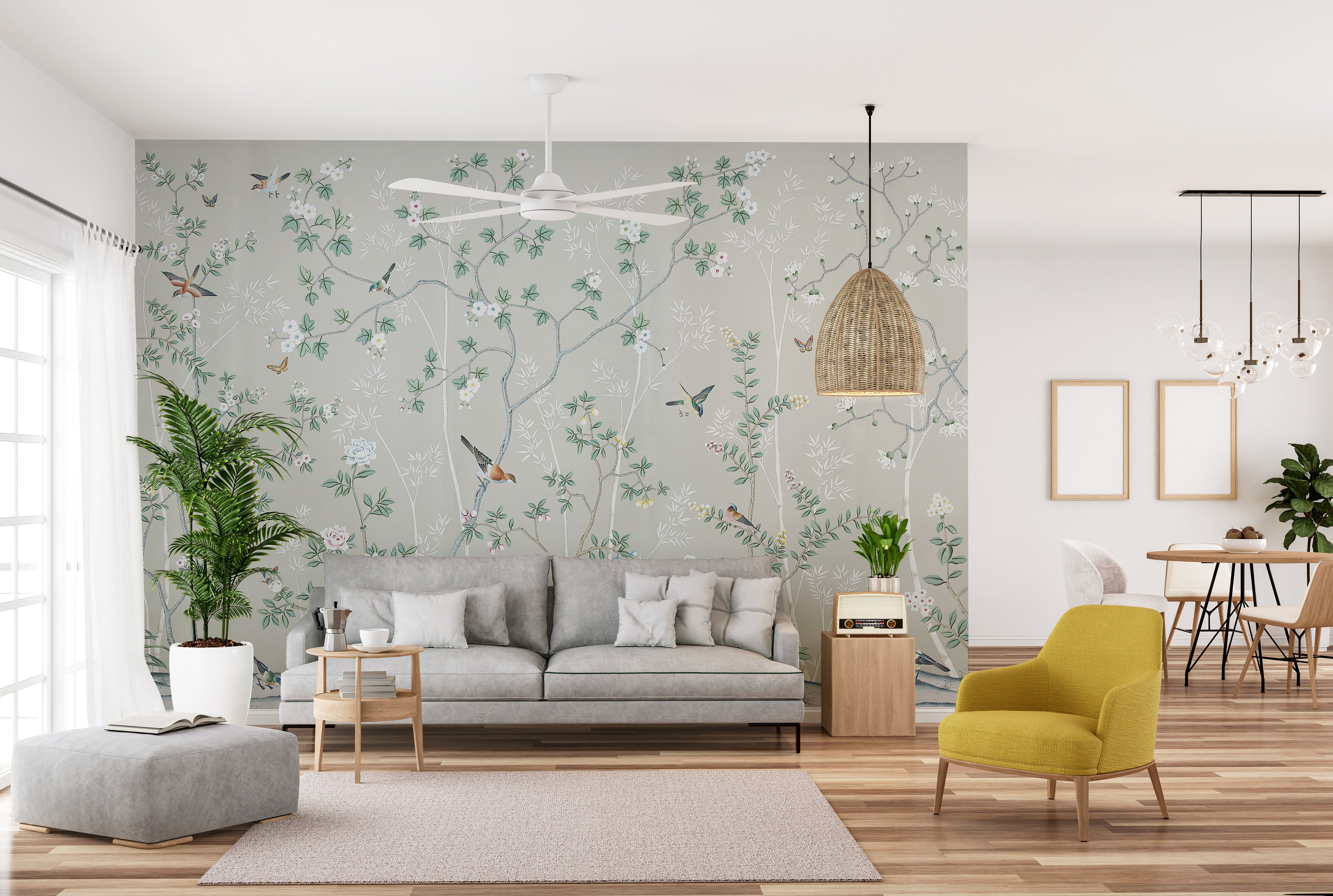 Gray & Green Leaves Chinoiserie Wallpaper - Giffywalls