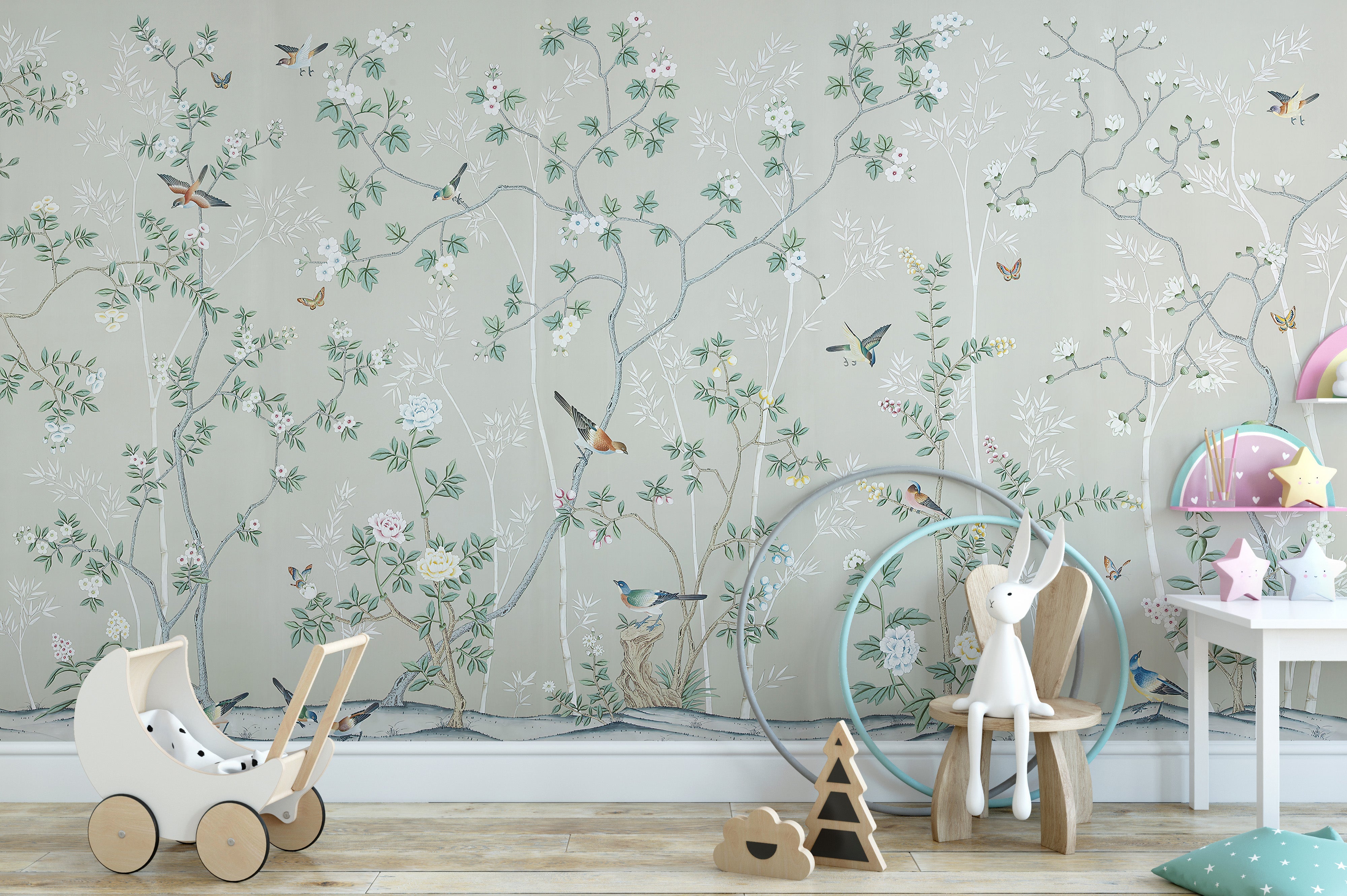 Gray & Green Leaves Chinoiserie Wallpaper - Giffywalls