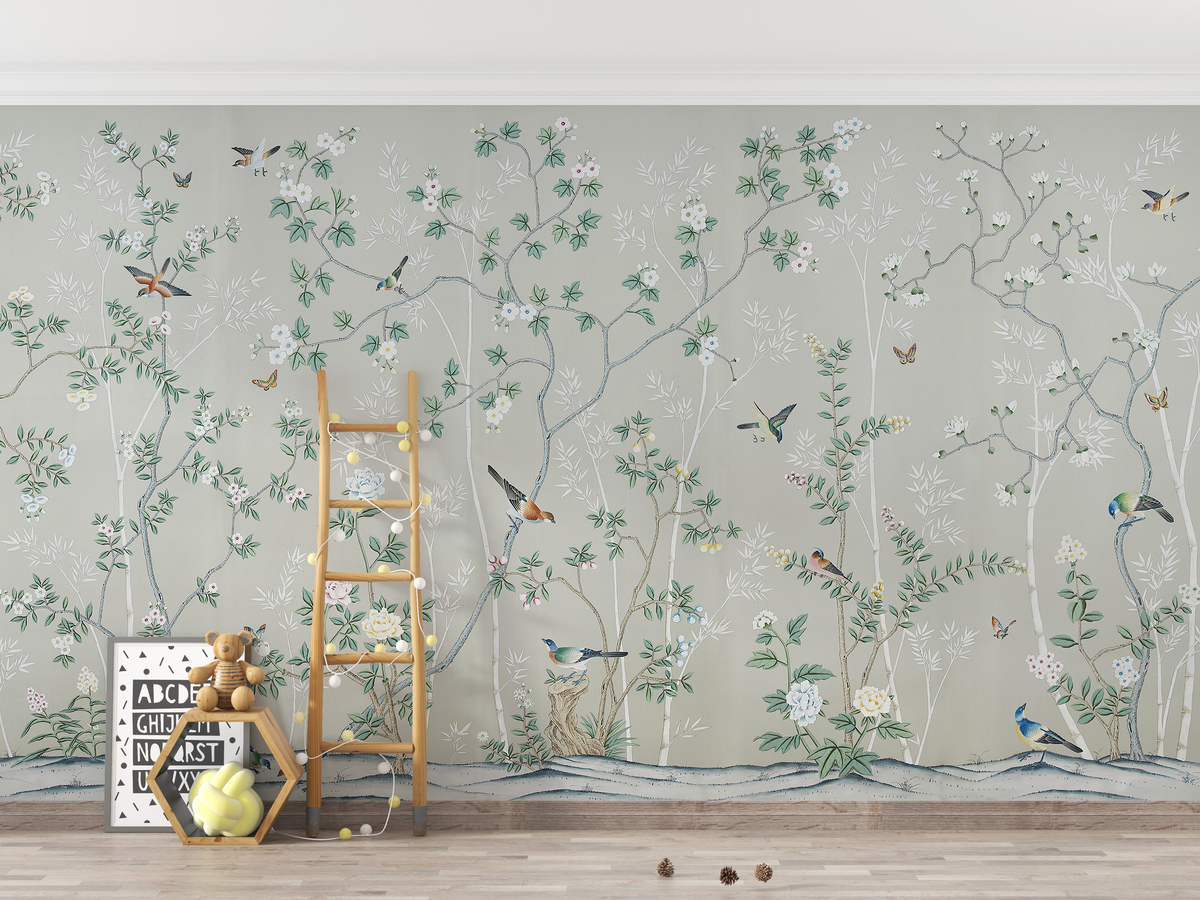 Gray & Green Leaves Chinoiserie Wallpaper - Giffywalls