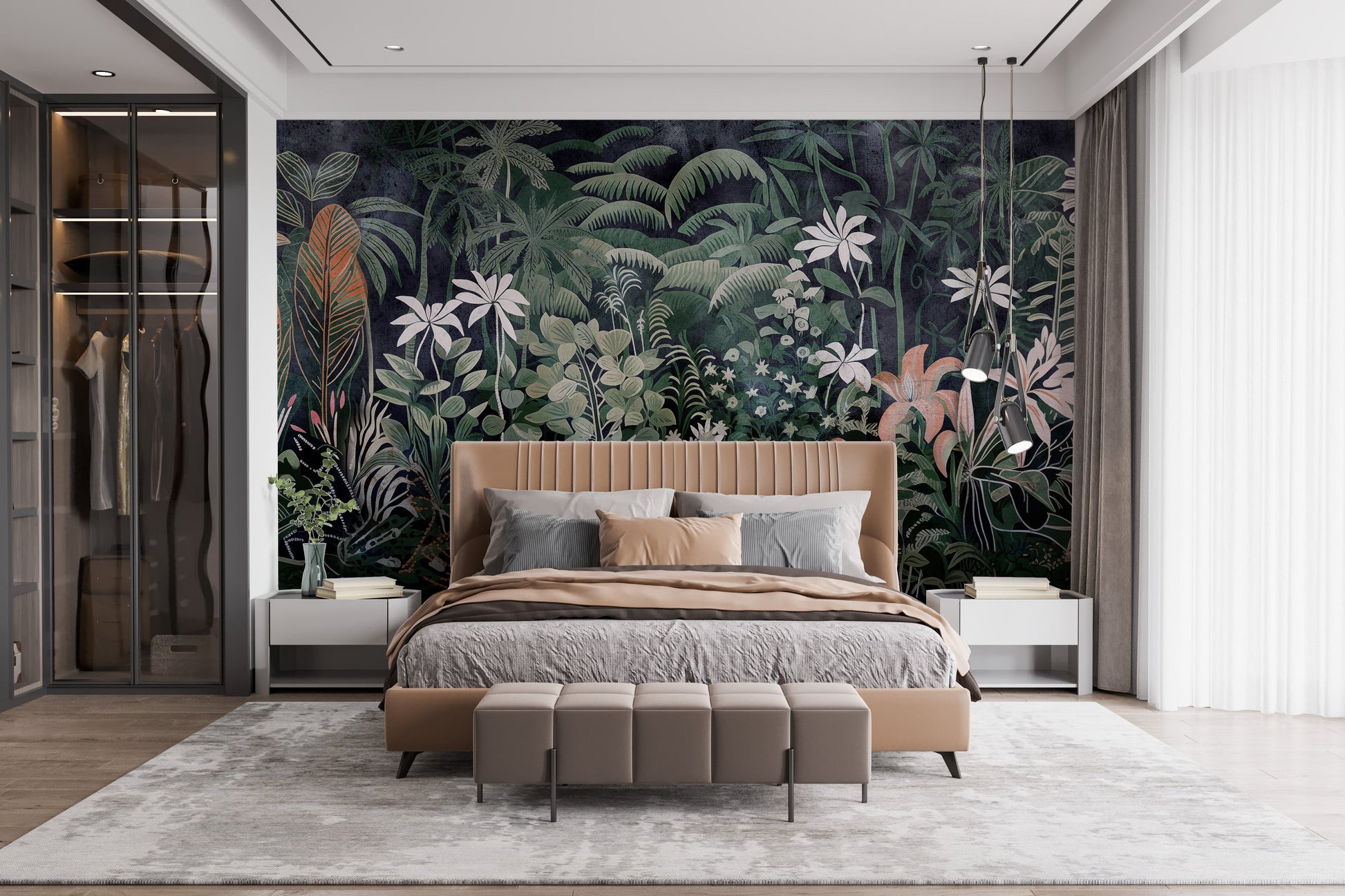 Botanical wallpaper mural with tropical leaf patterns.