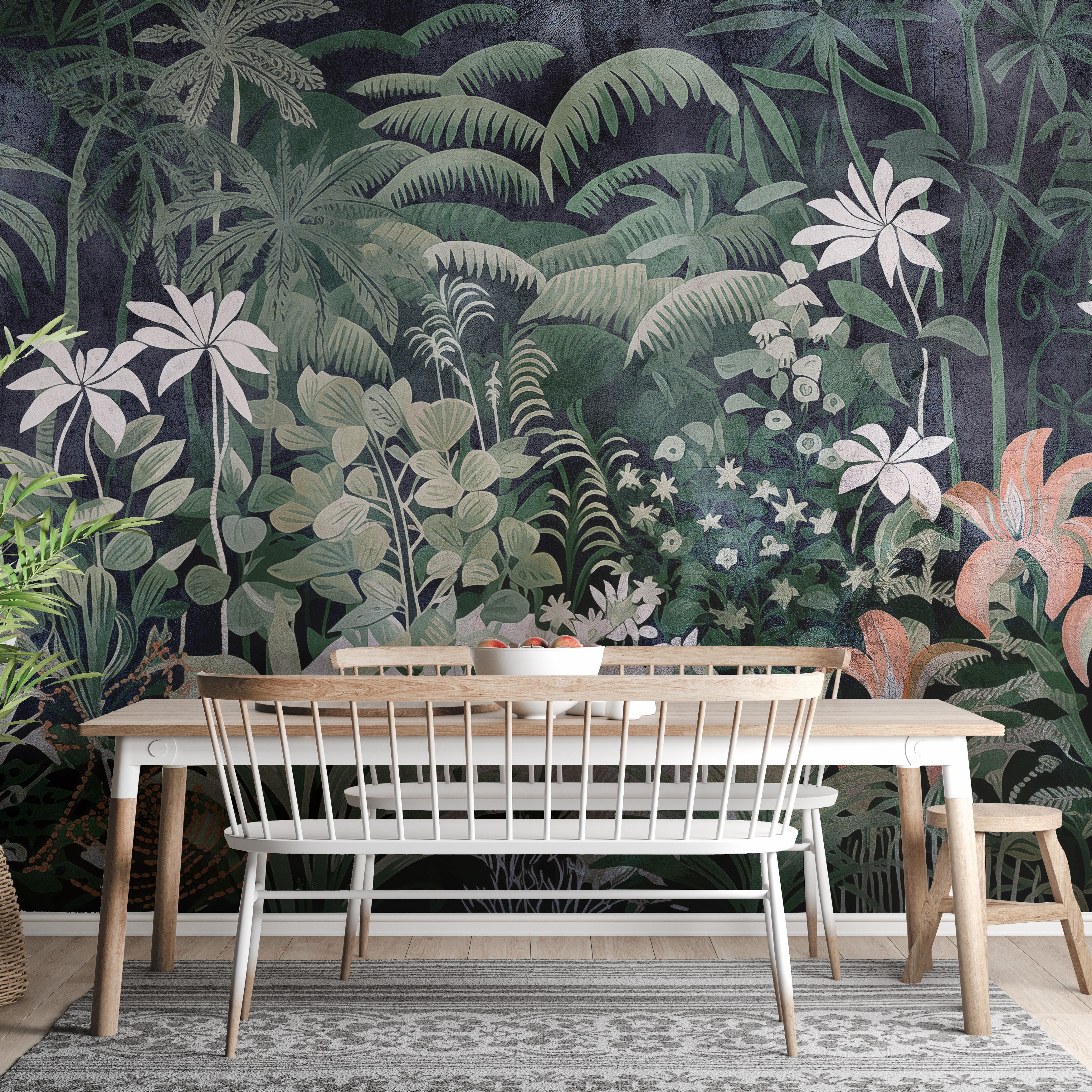 Tropical forest wallpaper mural featuring exotic greenery.