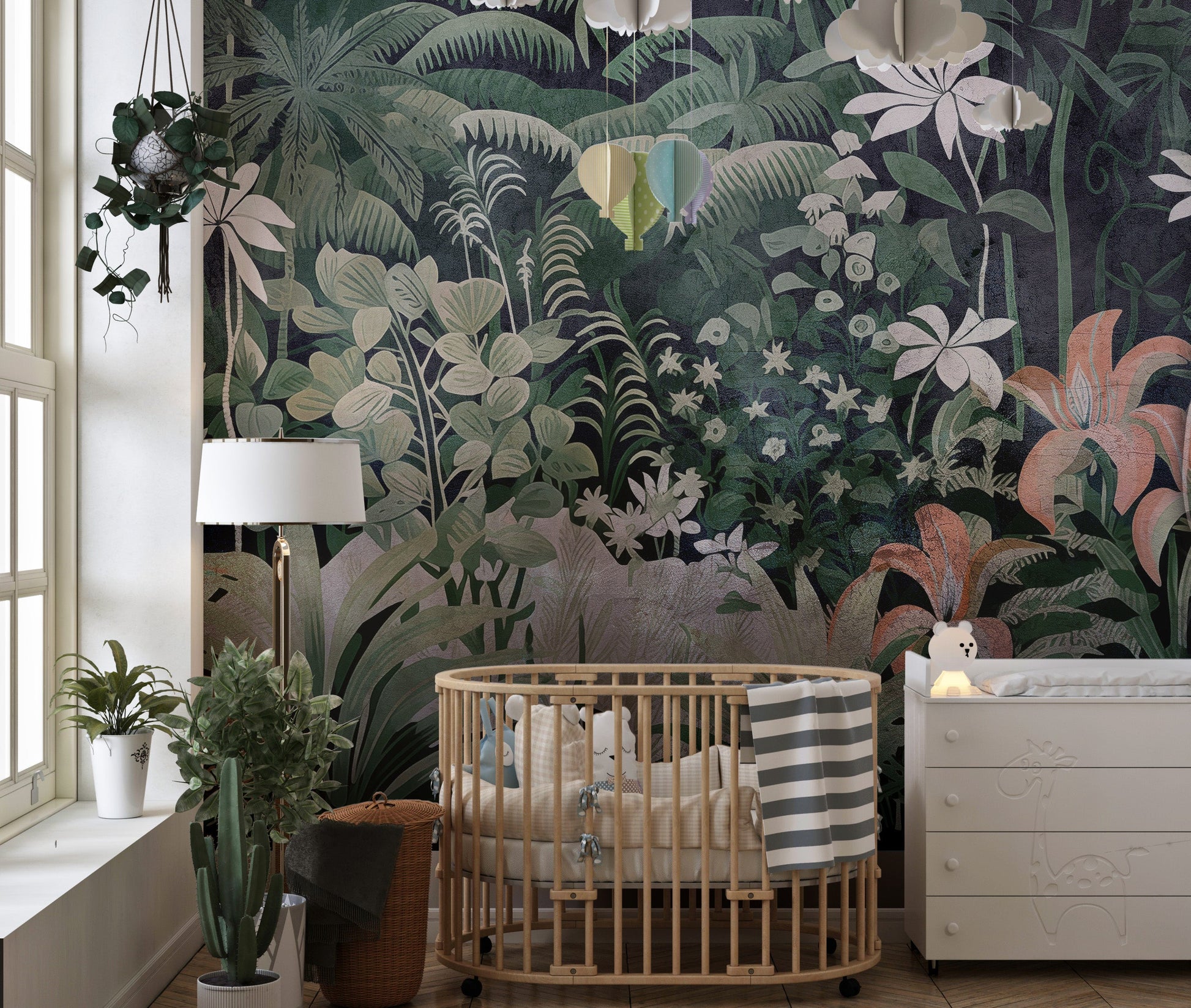 Bold and vibrant jungle wallpaper with tropical plants.