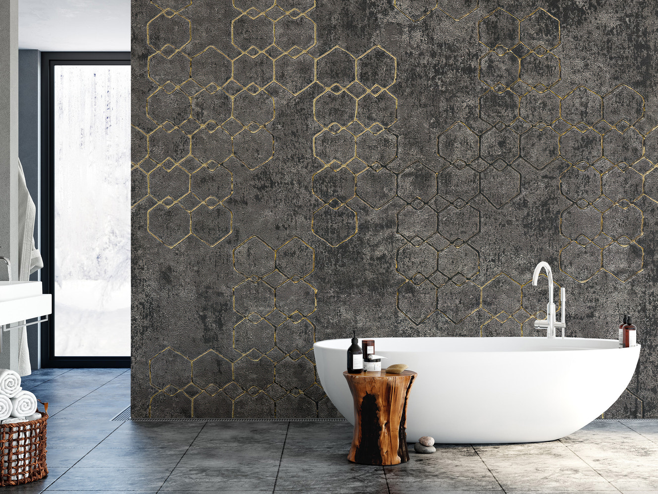 Geometric gold pattern concrete wall
