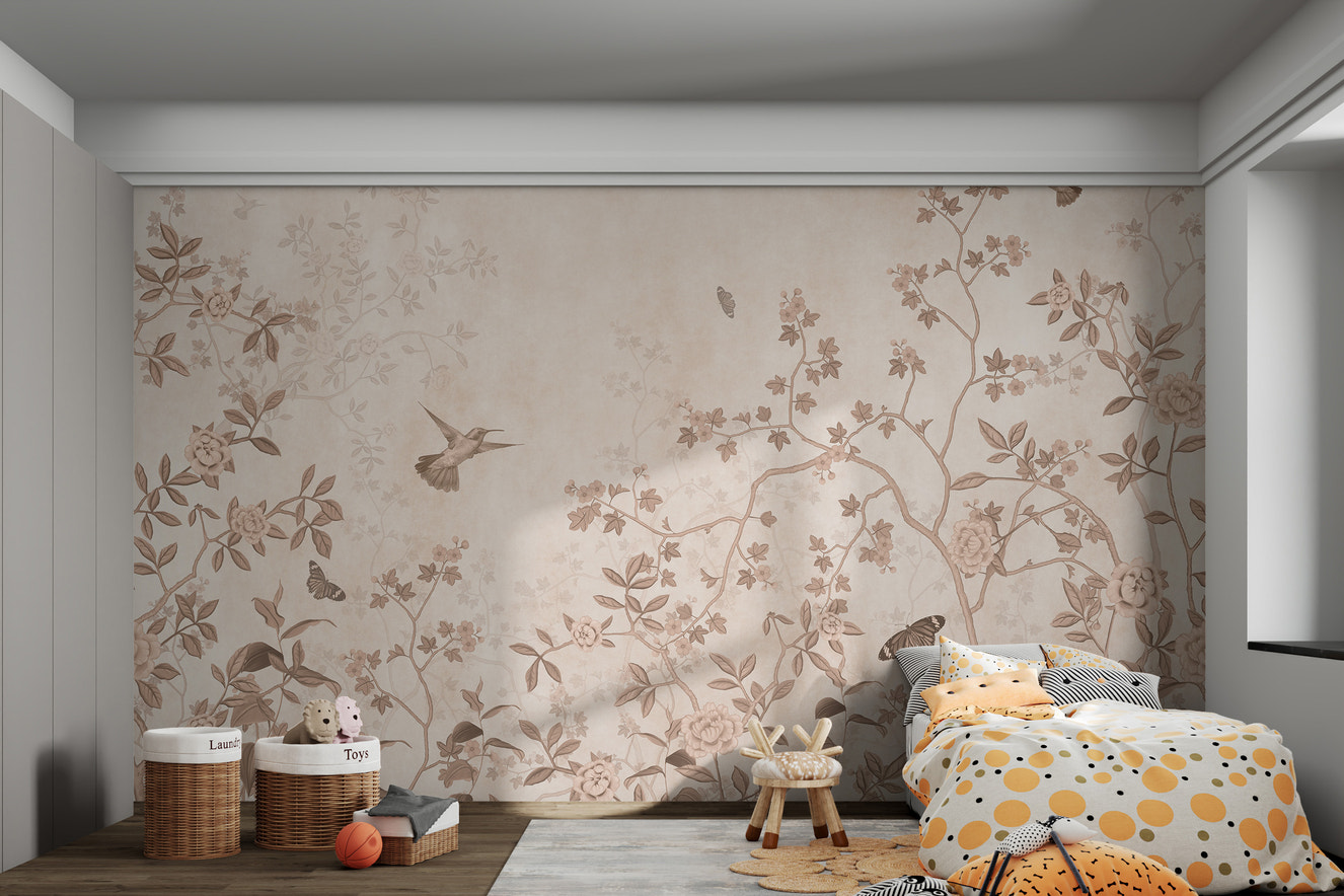 Sepia-toned hummingbird floral wallpaper
