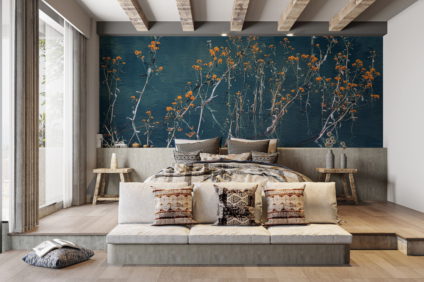 Graceful blue blossom mural with dreamy vibes