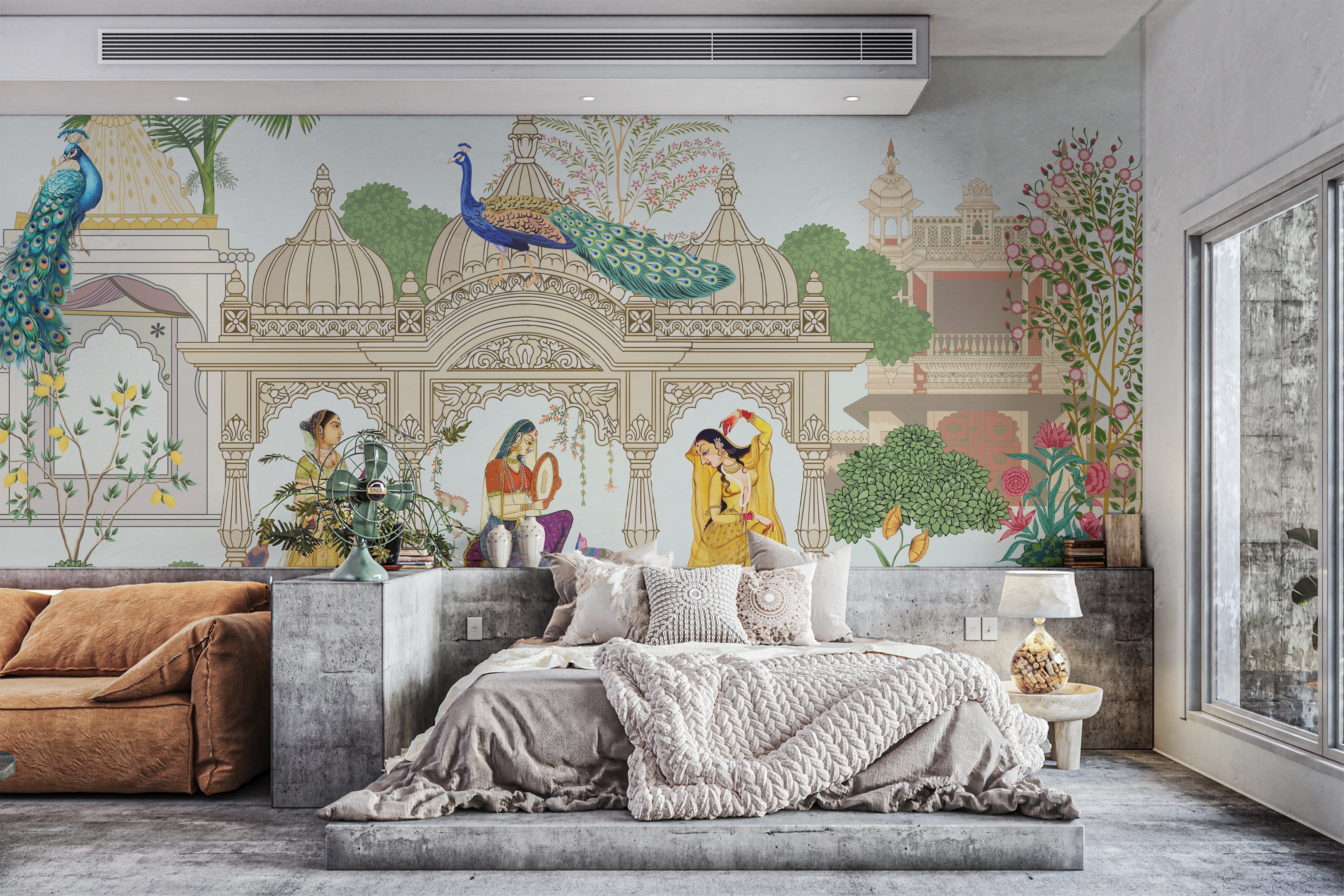 Intricate Indian palace design mural with vibrant cultural elements.