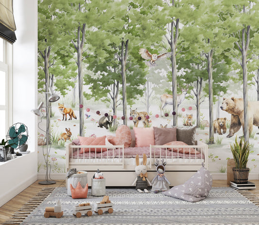 Magical forest mural with woodland creatures